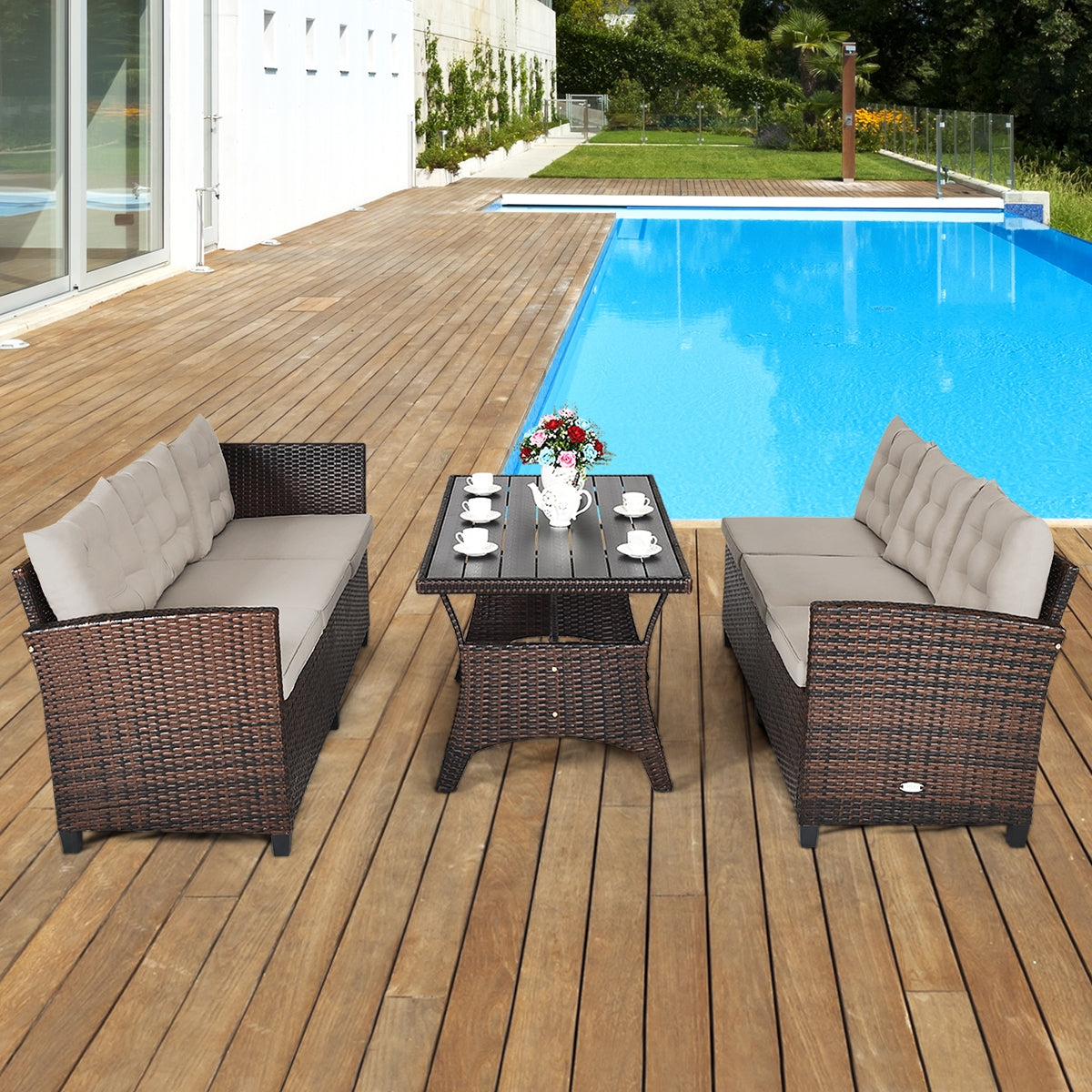 Hand-Woven Rattan Outdoor Sofa Set, 3 Pieces, Brown Outdoor Sectionals at Gallery Canada