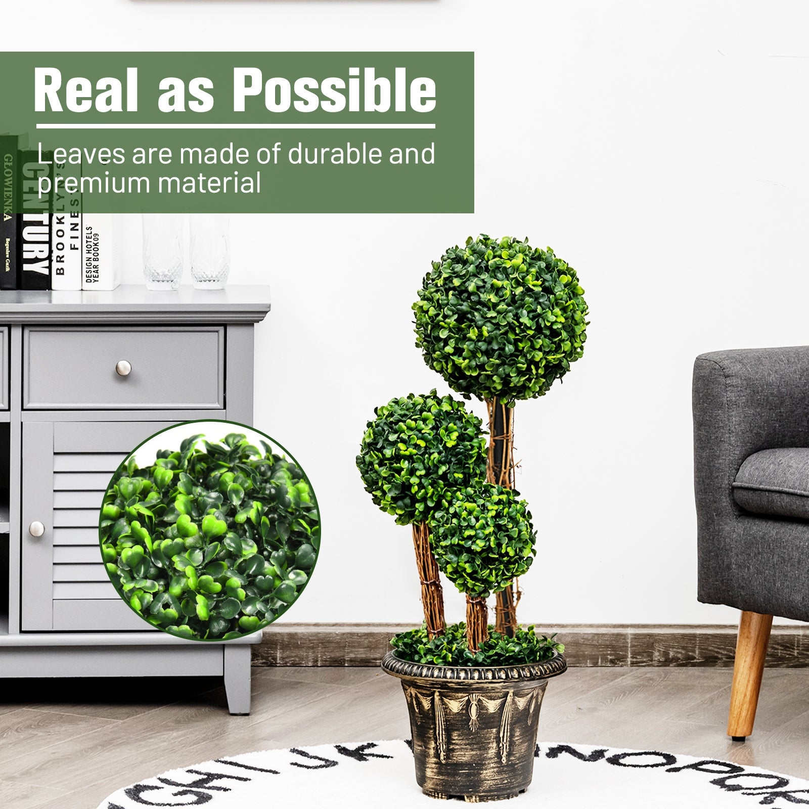30 Inch Artificial Topiary Triple Ball Tree, Indoor Outdoor UV Protection, Green Faux Plants at Gallery Canada
