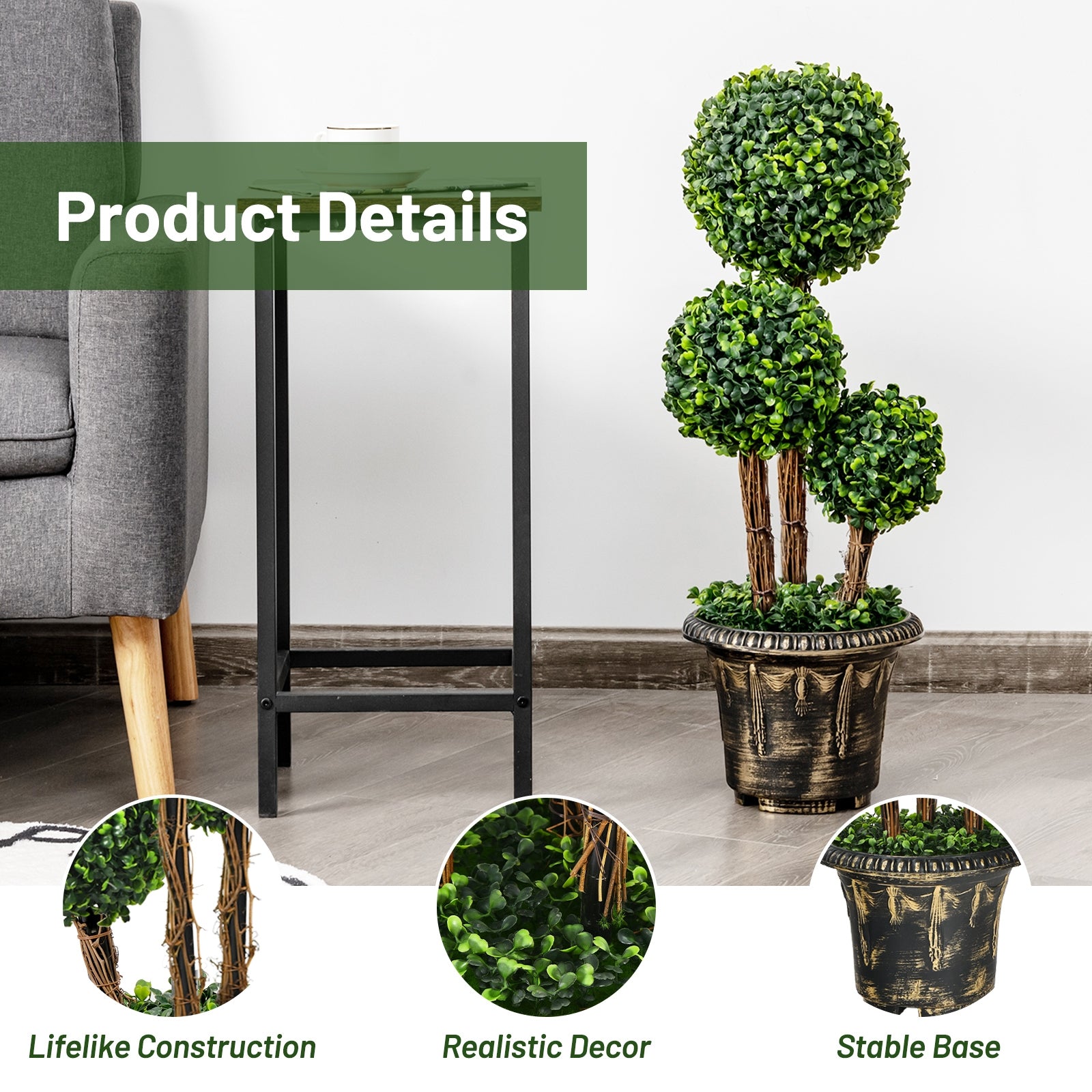 30 Inch Artificial Topiary Triple Ball Tree, Indoor Outdoor UV Protection, Green Faux Plants at Gallery Canada
