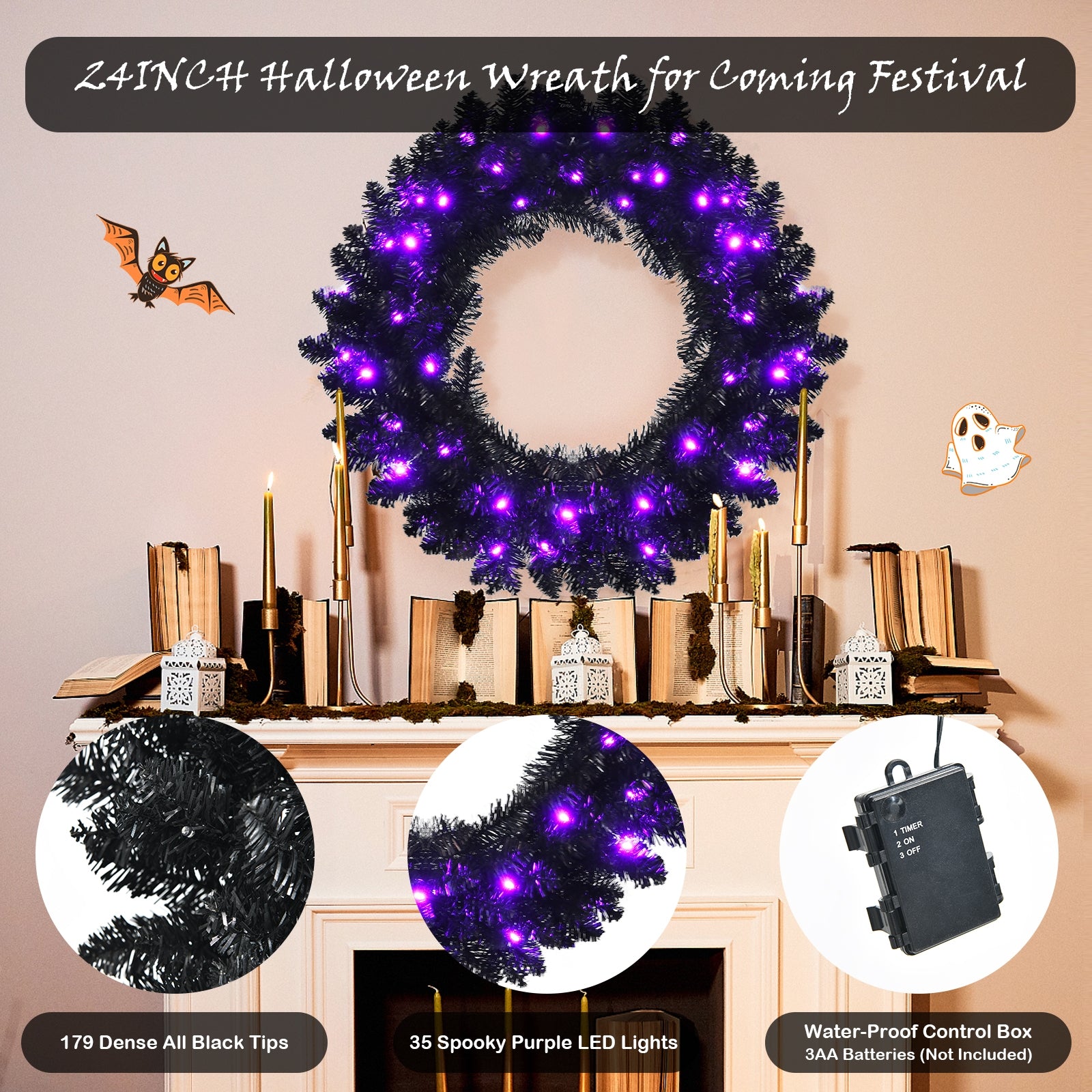 24 Inch Halloween Wreath, LED Lights, Black, Purple Halloween at Gallery Canada