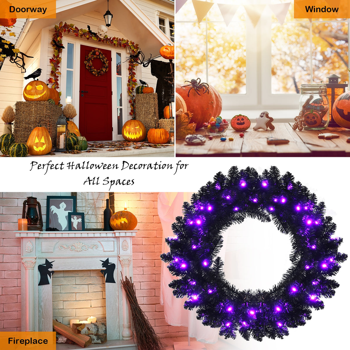 24 Inch Halloween Wreath, LED Lights, Black, Purple Halloween at Gallery Canada