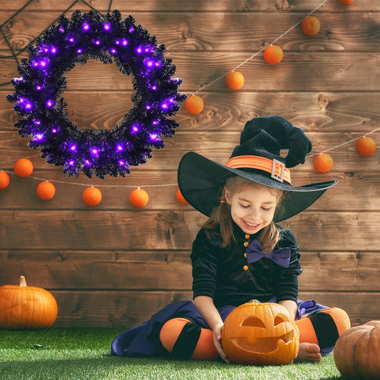 24 Inch Halloween Wreath, LED Lights, Black, Purple Halloween Black at Gallery Canada