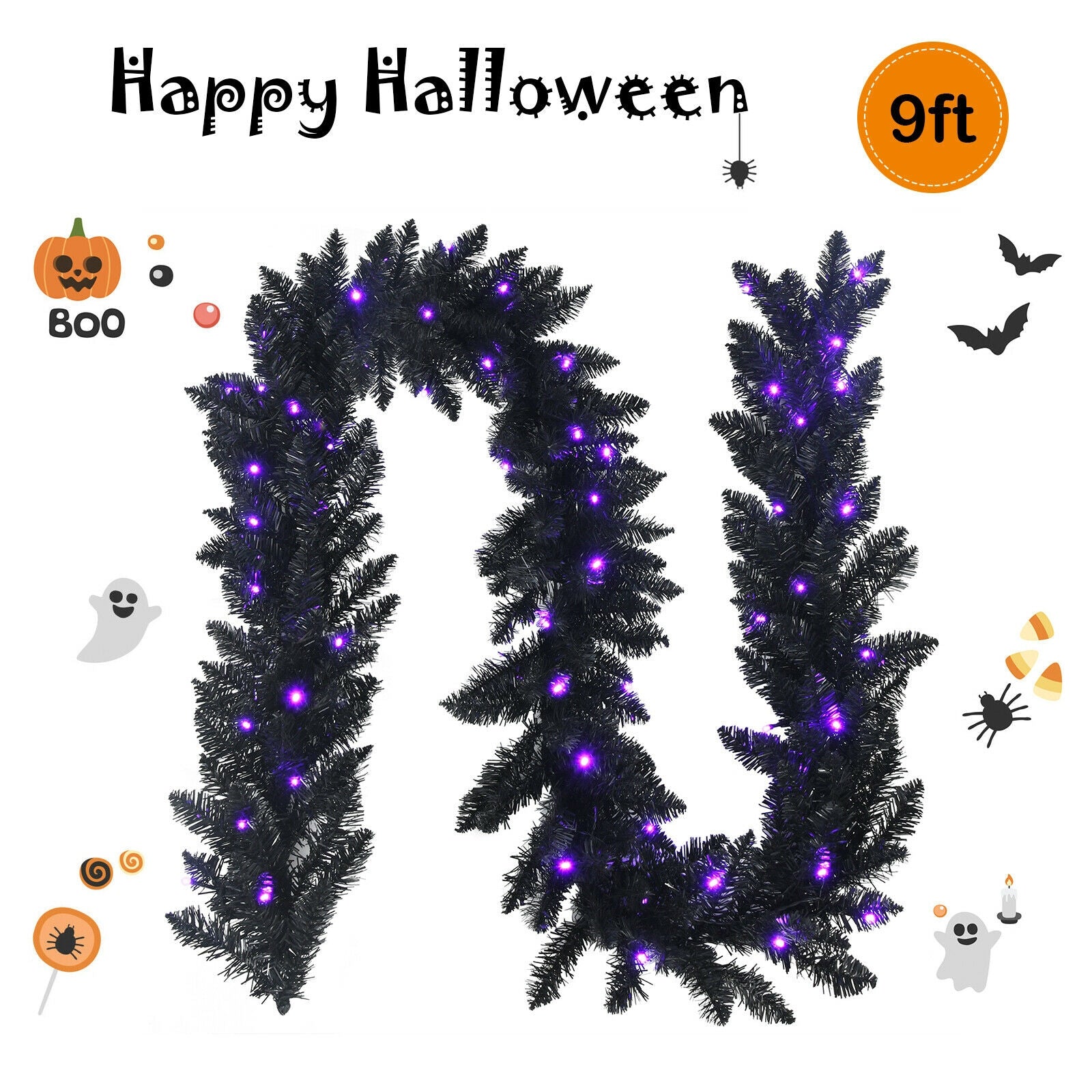 9 Feet Pre-lit Christmas Garland, 50 LED Lights, Black, Purple Halloween at Gallery Canada