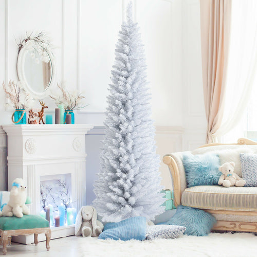 7 Feet Slim Artificial Christmas Pencil Tree, Metal Stand, White