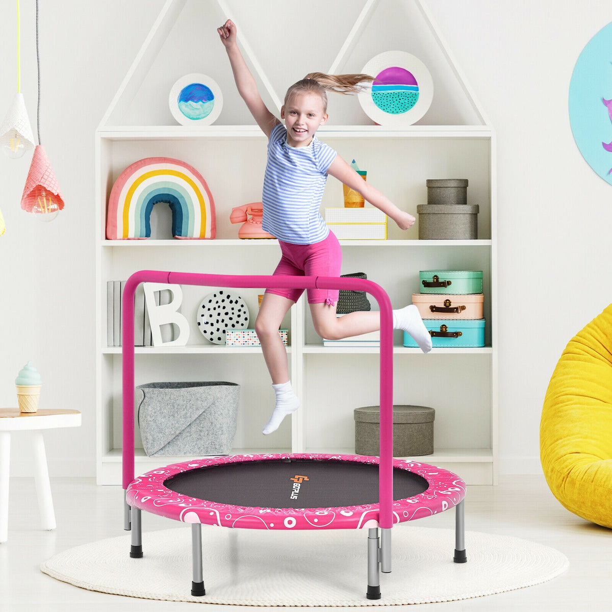 36 Inch Kids Trampoline, Mini Rebounder With Handrail, Pink Trampolines at Gallery Canada