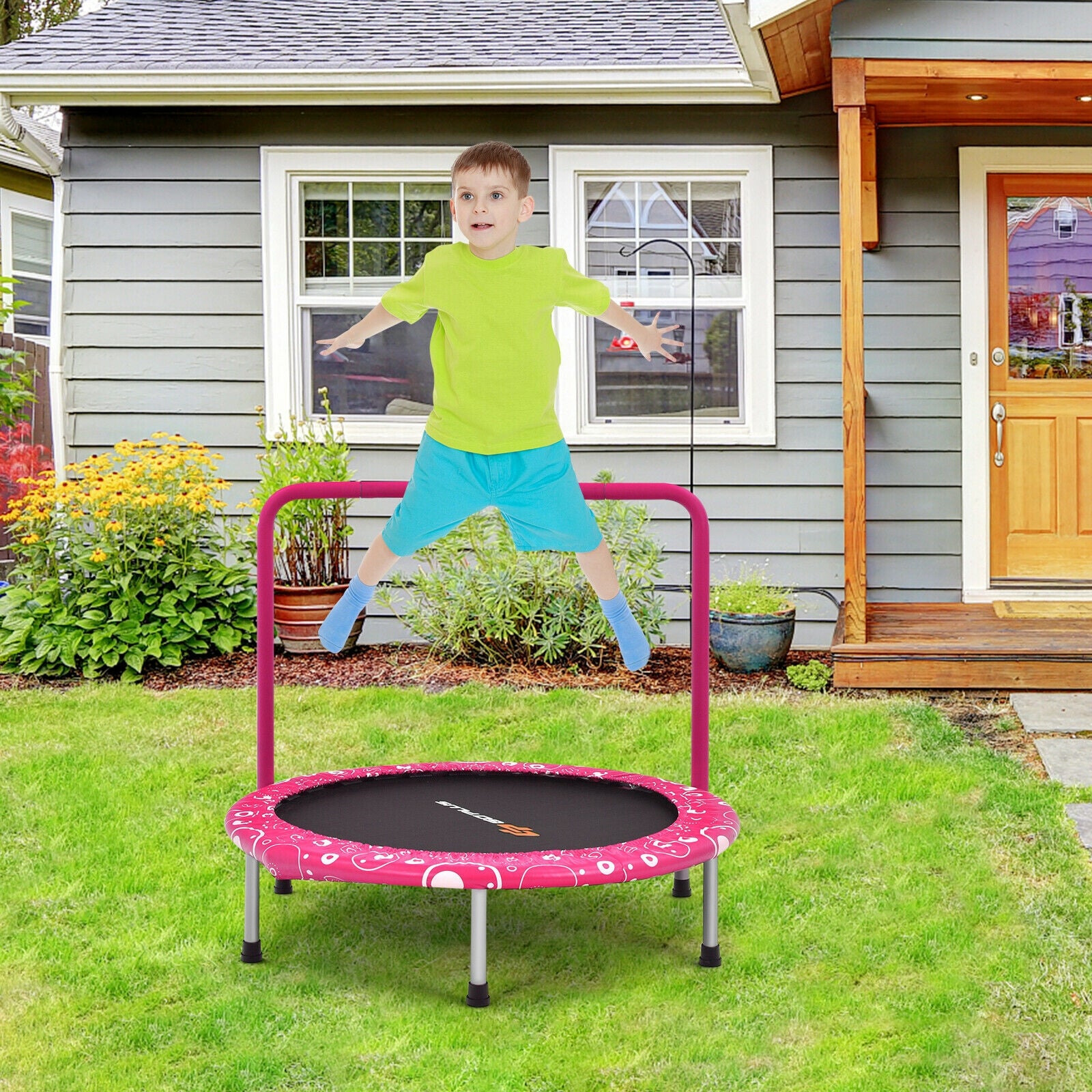 36 Inch Kids Trampoline, Mini Rebounder With Handrail, Pink Trampolines at Gallery Canada