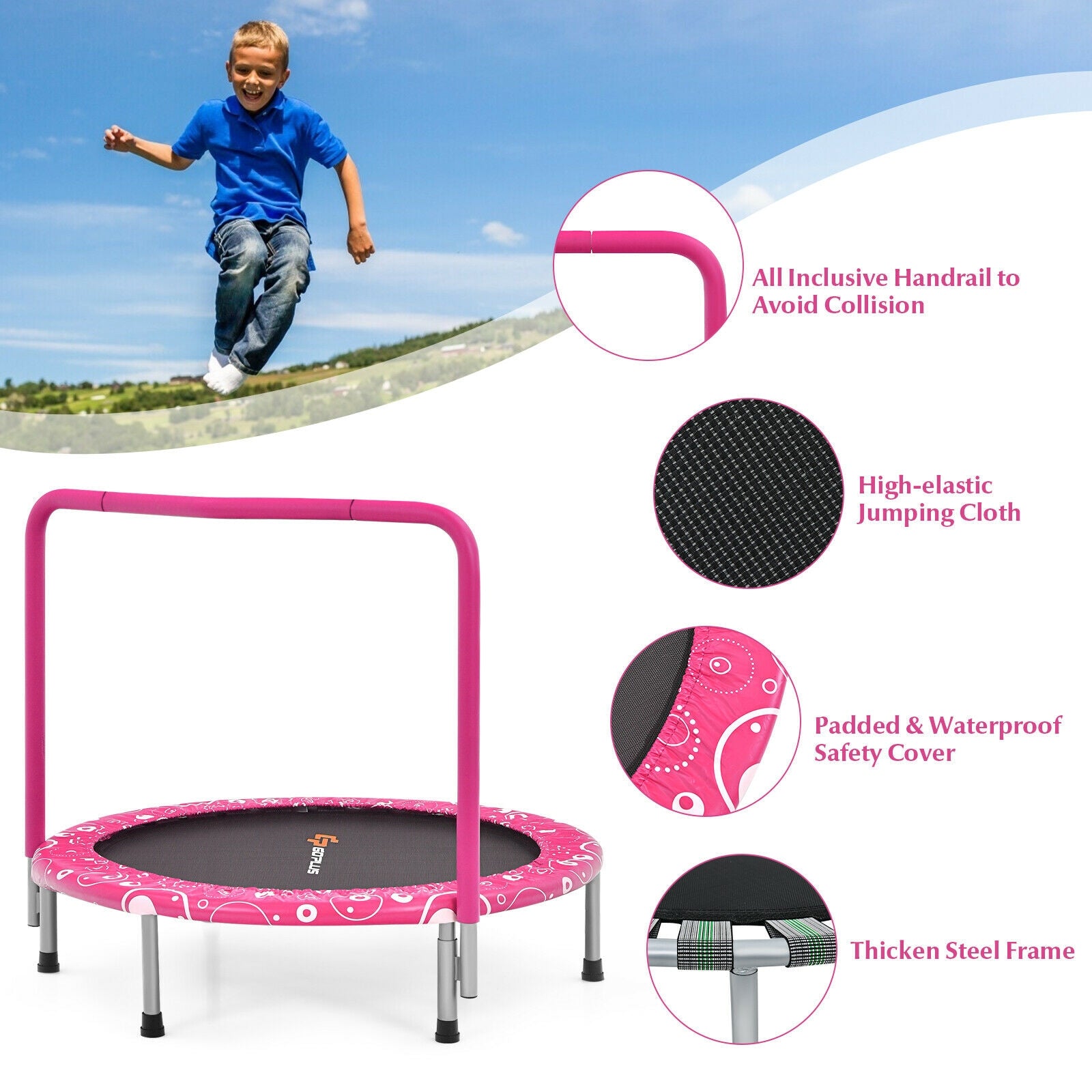 36 Inch Kids Trampoline, Mini Rebounder With Handrail, Pink Trampolines at Gallery Canada