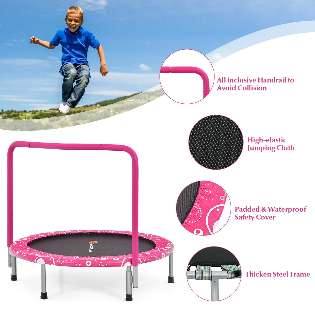 36 Inch Kids Trampoline, Mini Rebounder With Handrail, Pink Trampolines at Gallery Canada