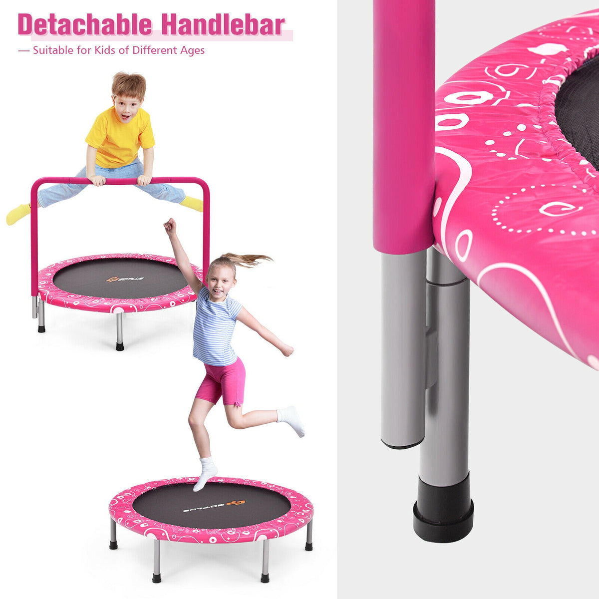 36 Inch Kids Trampoline, Mini Rebounder With Handrail, Pink Trampolines at Gallery Canada