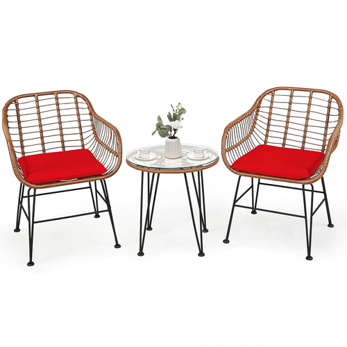 3 Piece Patio Rattan Bistro Set With Cushion, Red