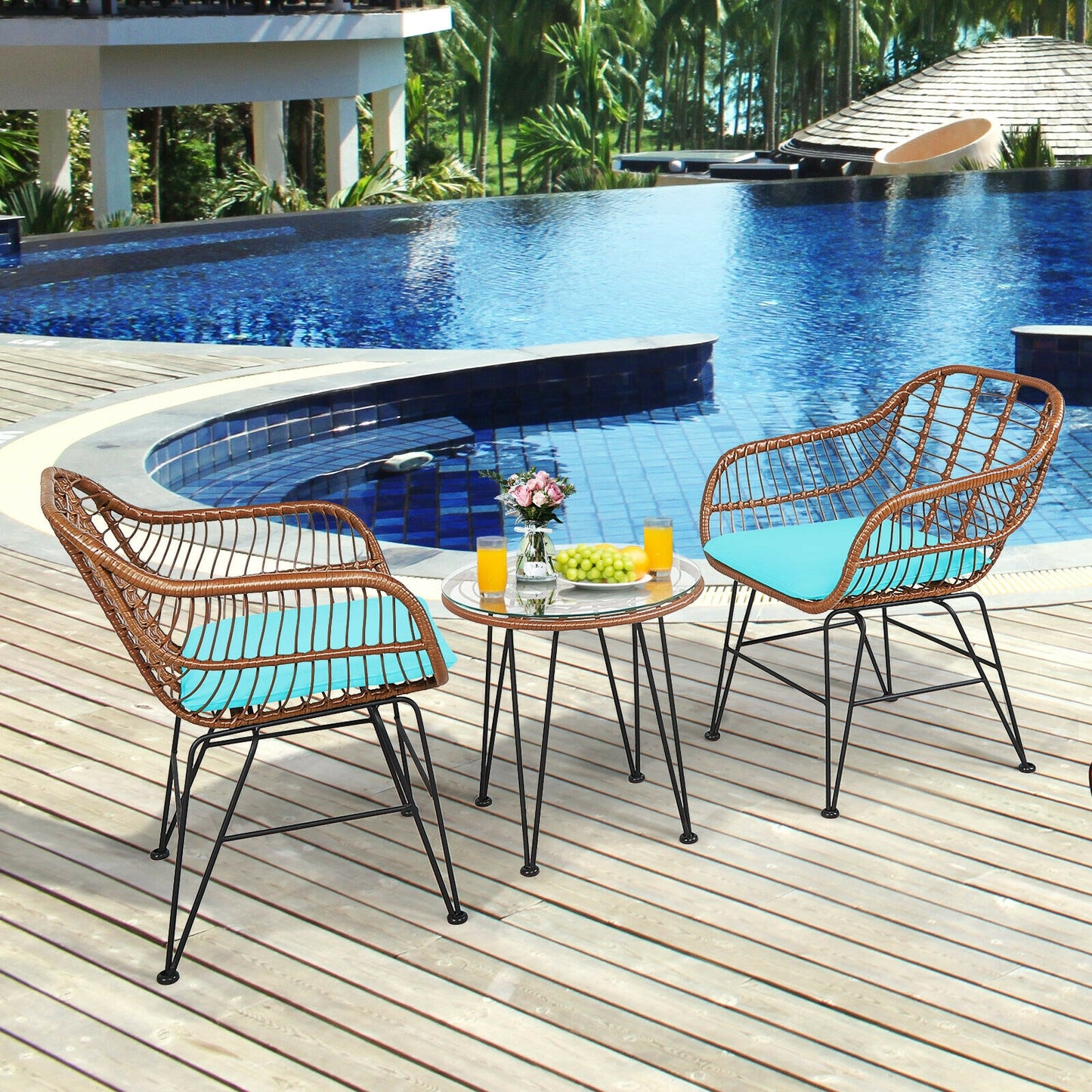 3 Piece Patio Rattan Bistro Set With Cushion, Turquoise Patio Conversation Sets at Gallery Canada