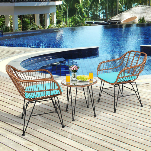 3 Piece Patio Rattan Bistro Set With Cushion, Turquoise