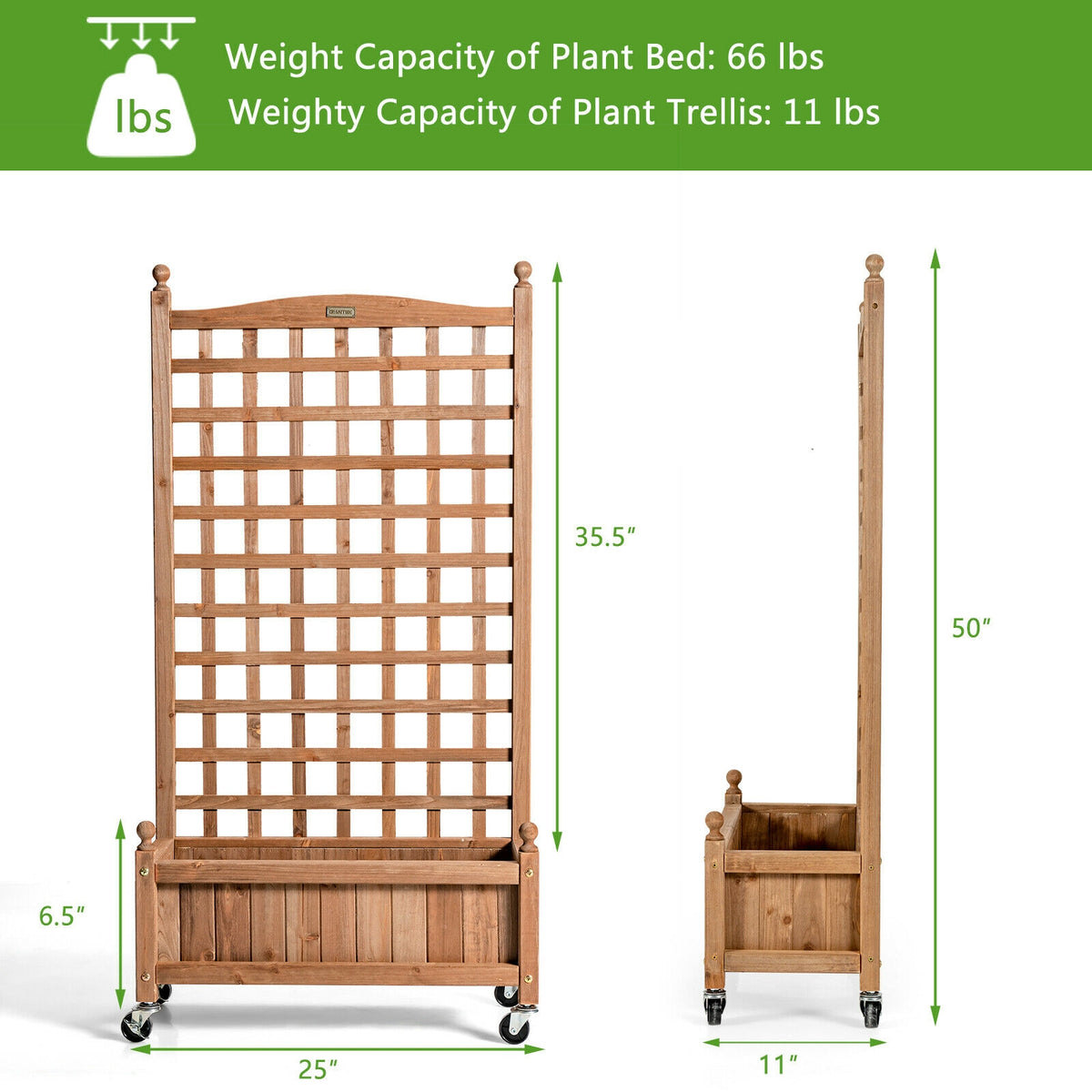 50 Inch Wood Planter Box With Trellis, Mobile Raised Bed, Brown Raised Garden Beds at Gallery Canada