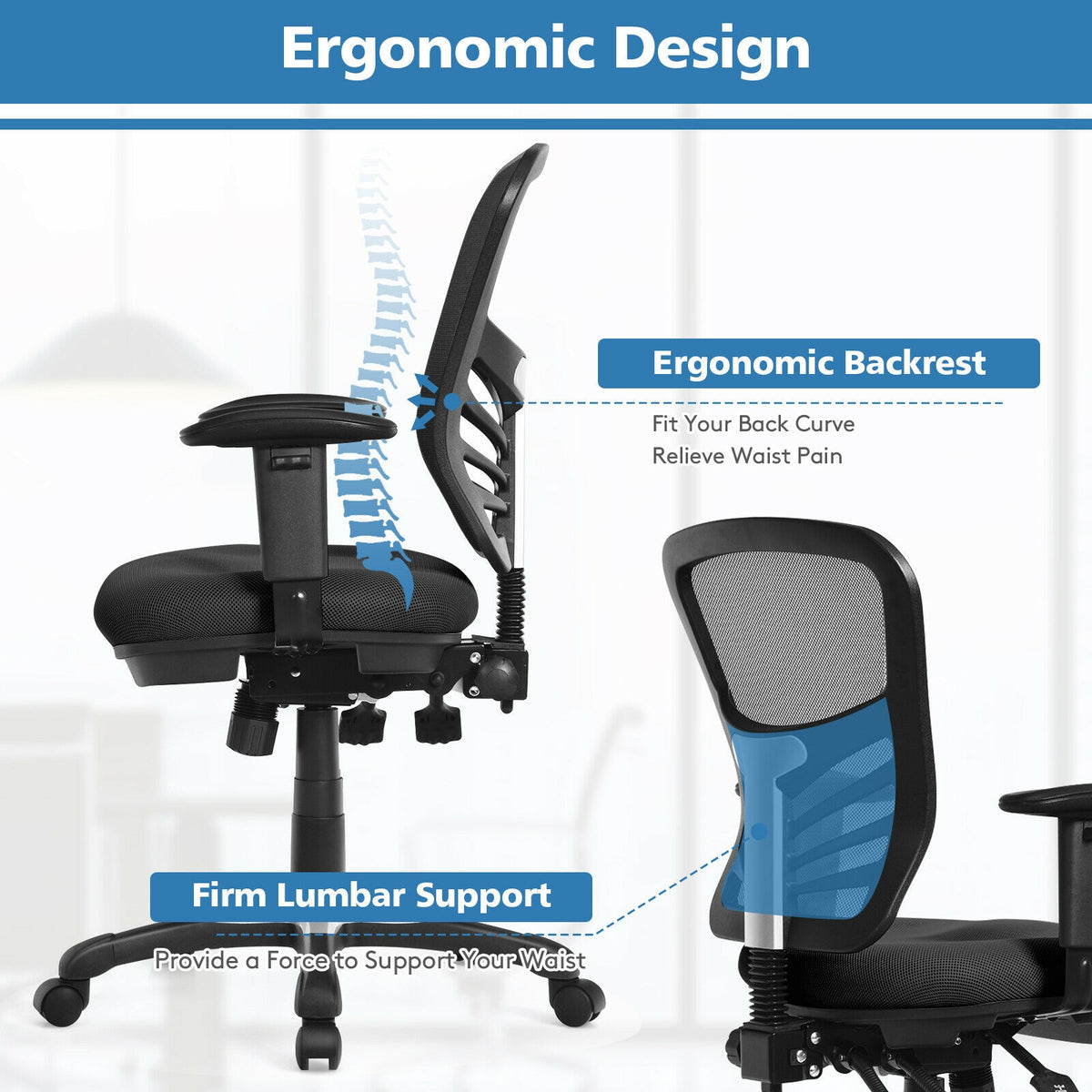 Ergonomic Mesh Office Chair, Adjustable Back Height, Armrests, Black Ergonomic Chairs at Gallery Canada