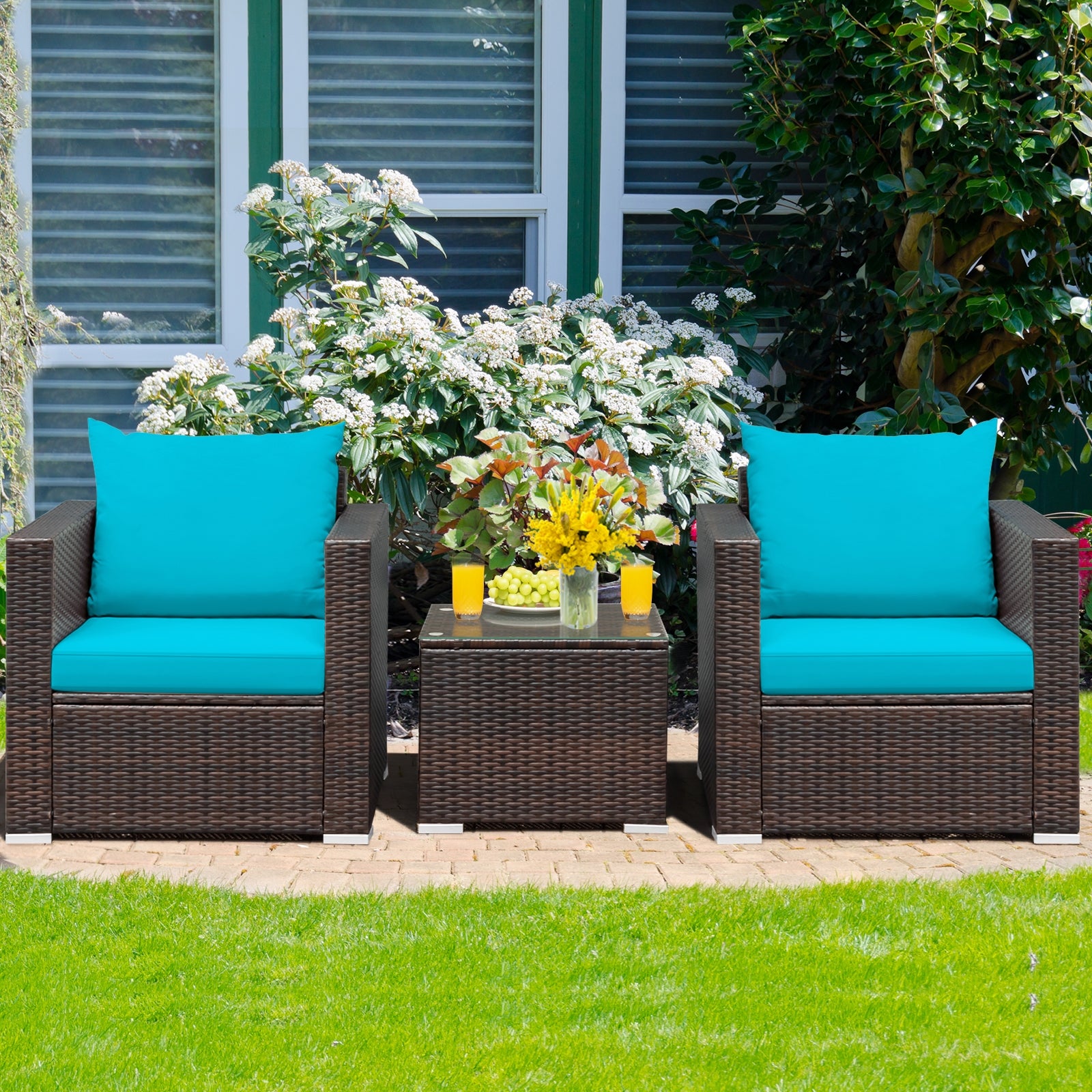 3 Pc Patio Rattan Furniture Set With Cushion, Turquoise Patio Conversation Sets at Gallery Canada