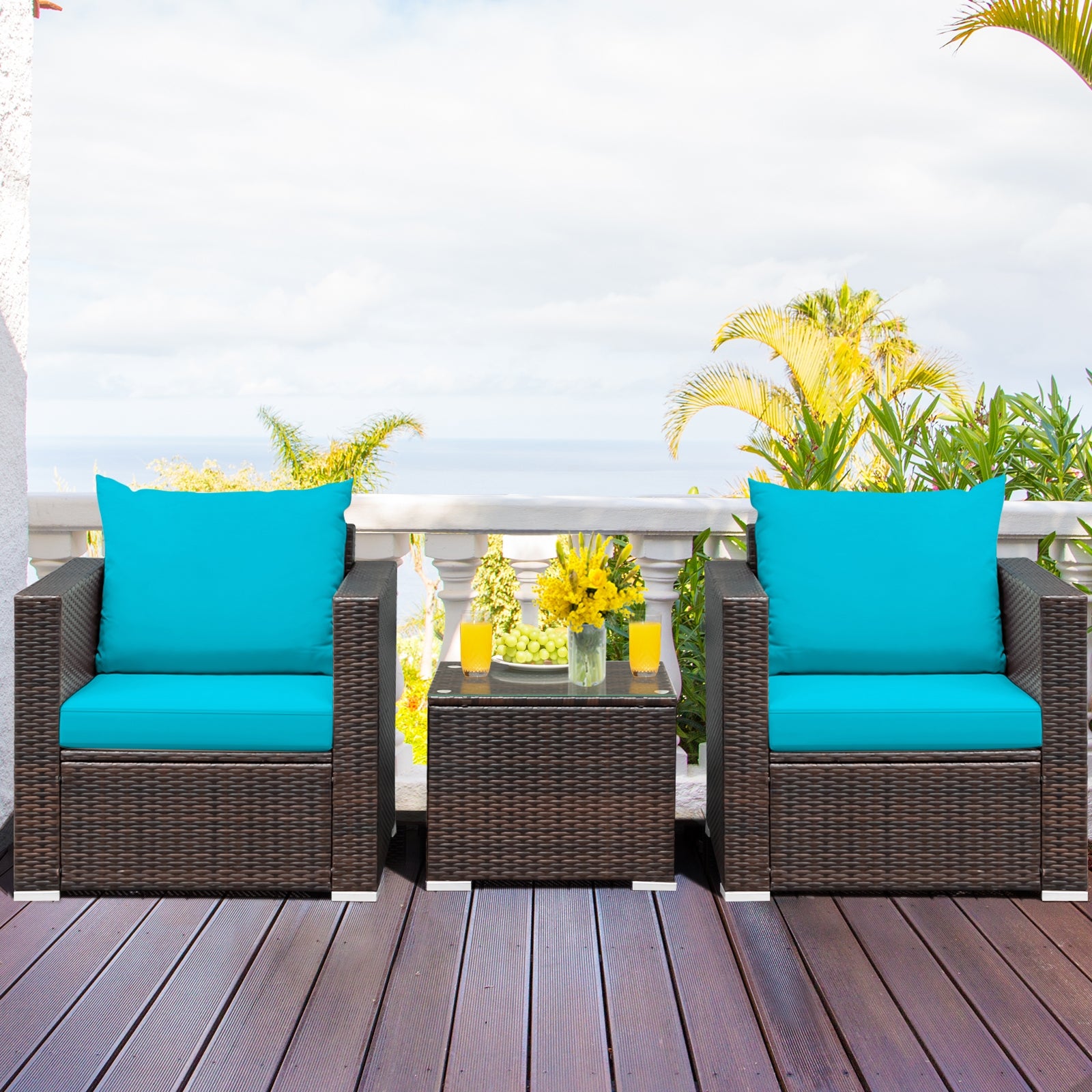 3 Pc Patio Rattan Furniture Set With Cushion, Turquoise Patio Conversation Sets at Gallery Canada