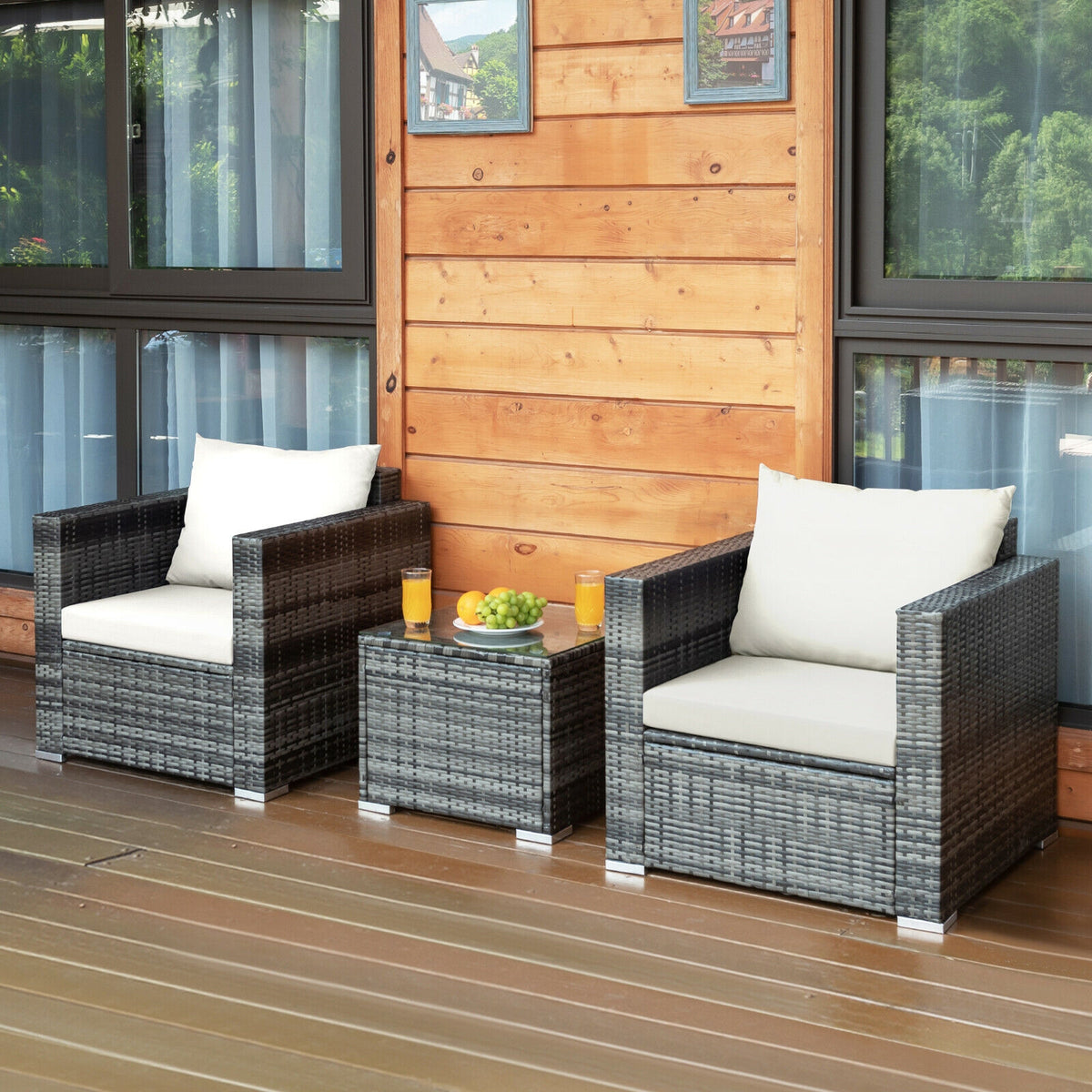 3 Pcs Patio Rattan Bistro Sofa Set, White Patio Conversation Sets at Gallery Canada