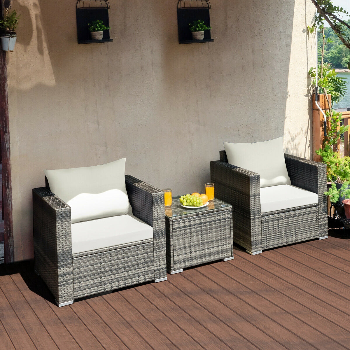 3 Pcs Patio Rattan Bistro Sofa Set, White Patio Conversation Sets at Gallery Canada