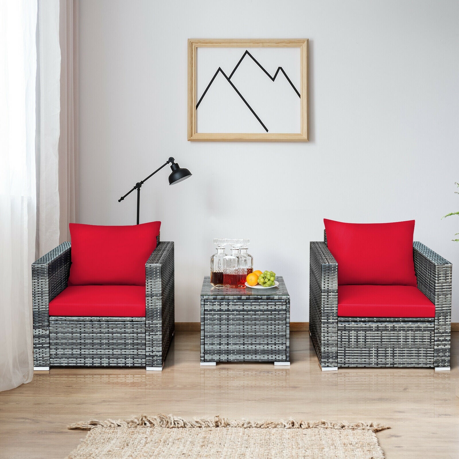 3 Pcs Patio Rattan Bistro Sofa Set, Cushioned, Red Patio Conversation Sets at Gallery Canada