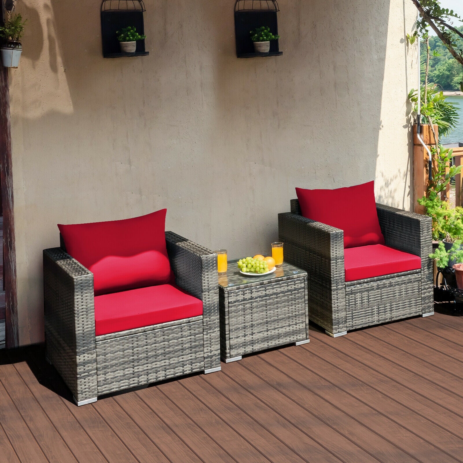 3 Pcs Patio Rattan Bistro Sofa Set, Cushioned, Red Patio Conversation Sets at Gallery Canada