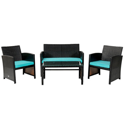 4 Piece Patio Rattan Cushioned Furniture Set, Turquoise Patio Conversation Sets Turquoise at Gallery Canada