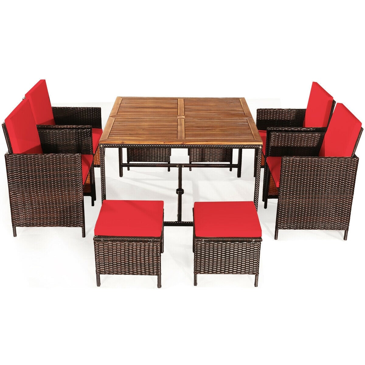 9PCS Rattan Dining Chair Set, Cushioned, Red Patio Dining Sets Red at Gallery Canada