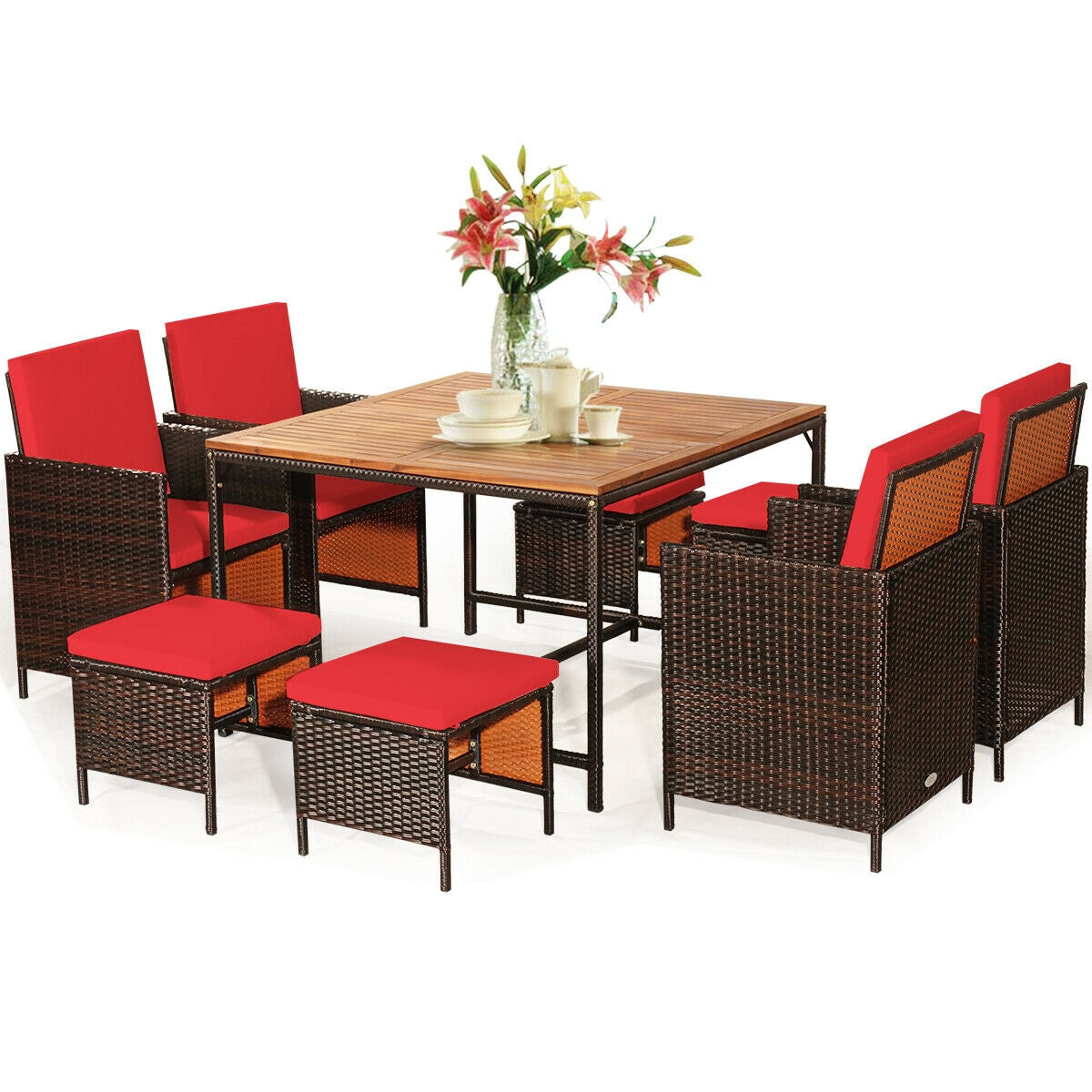 9PCS Rattan Dining Chair Set, Cushioned, Red Patio Dining Sets at Gallery Canada