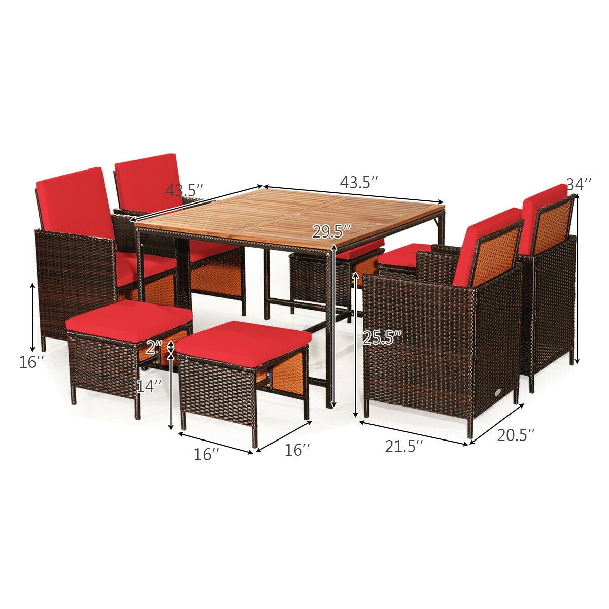 9PCS Rattan Dining Chair Set, Cushioned, Red Patio Dining Sets at Gallery Canada