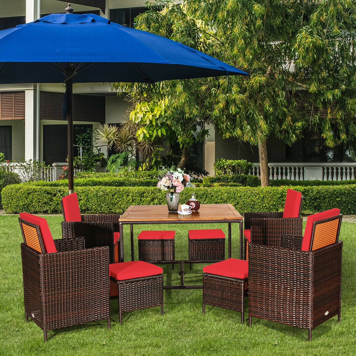 9PCS Rattan Dining Chair Set, Cushioned, Red Patio Dining Sets at Gallery Canada