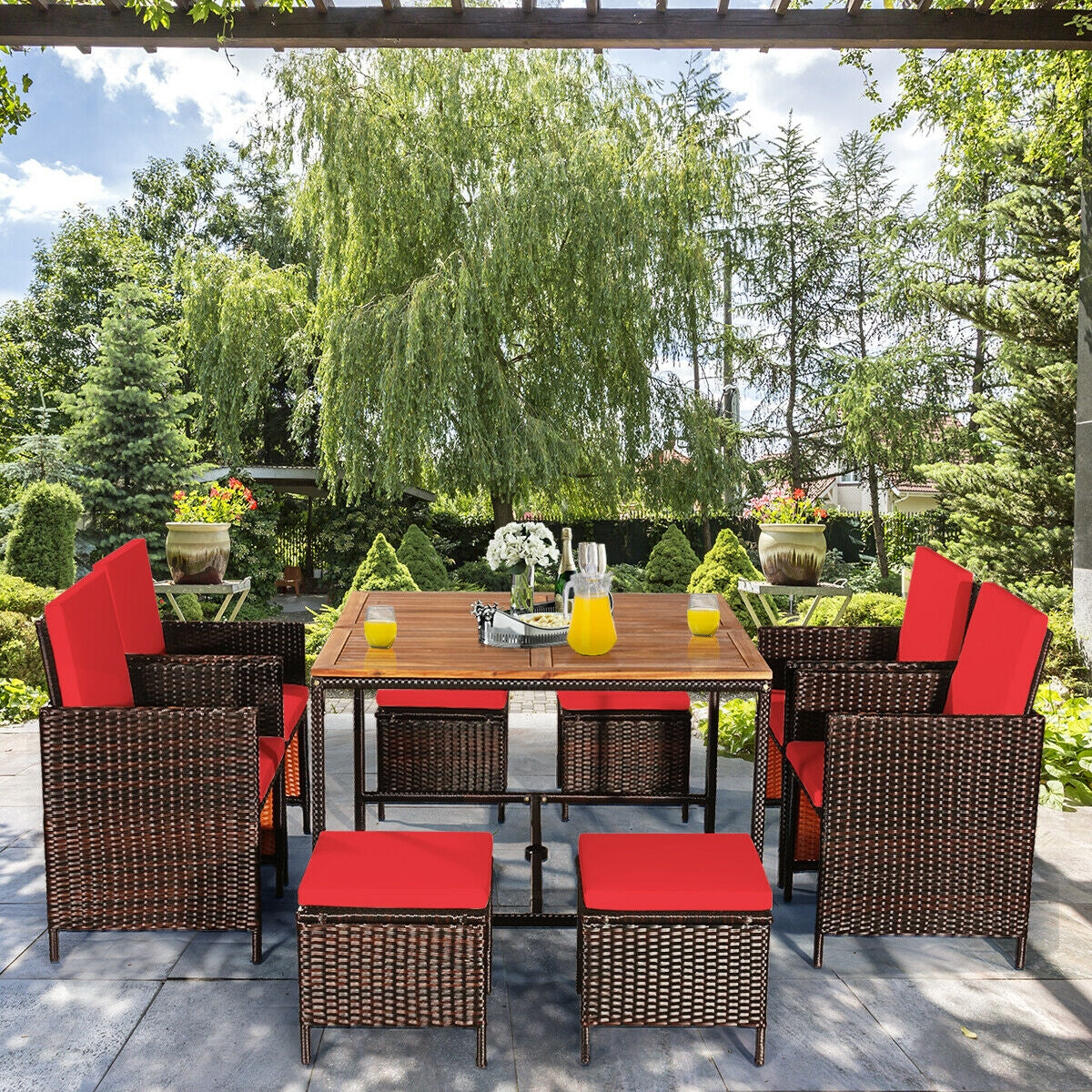 9PCS Rattan Dining Chair Set, Cushioned, Red Patio Dining Sets at Gallery Canada