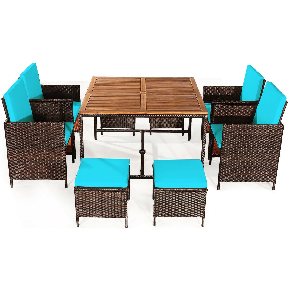 9PCS Patio Rattan Dining Cushioned Chairs Set, Turquoise Patio Dining Sets Turquoise at Gallery Canada