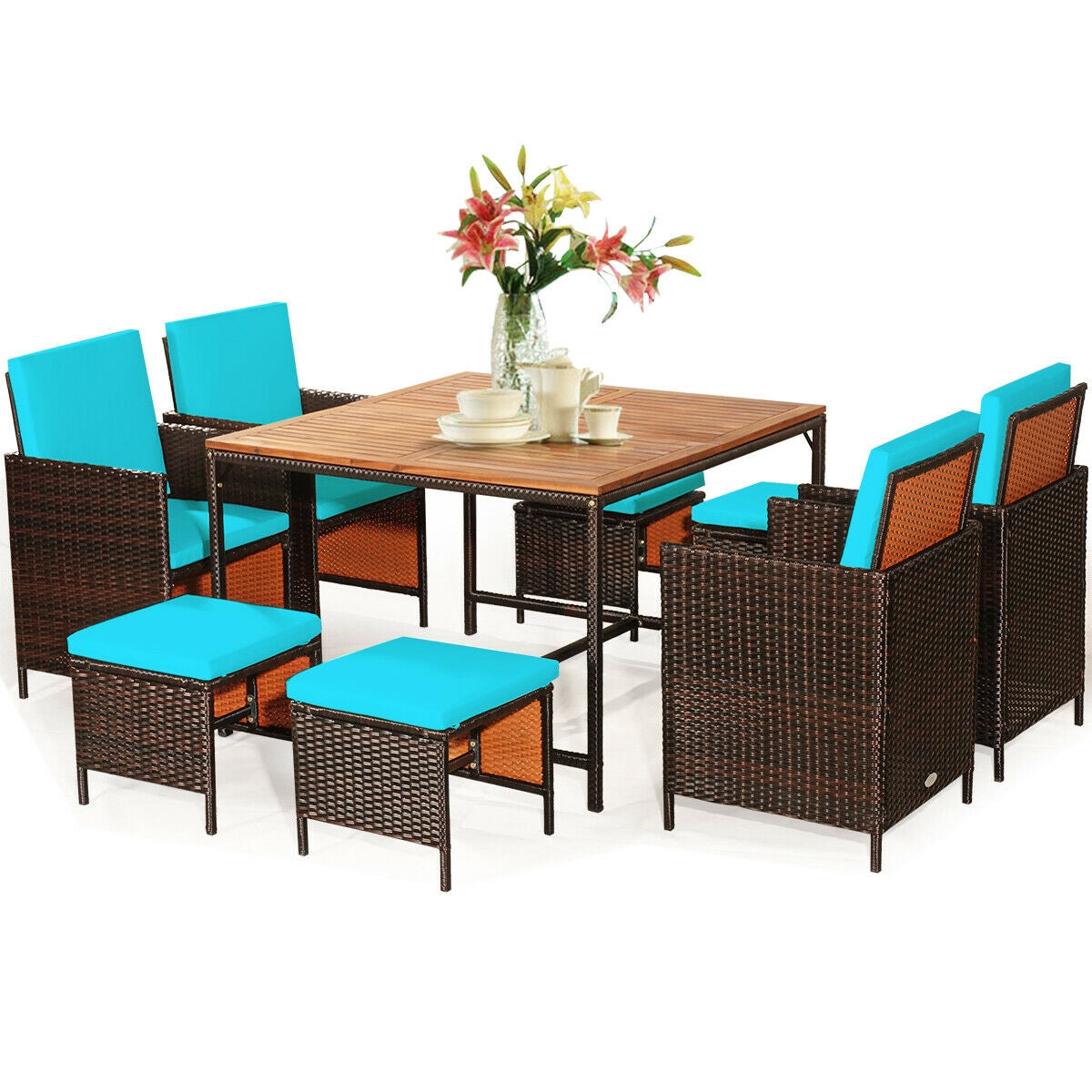 9PCS Patio Rattan Dining Cushioned Chairs Set, Turquoise Patio Dining Sets at Gallery Canada