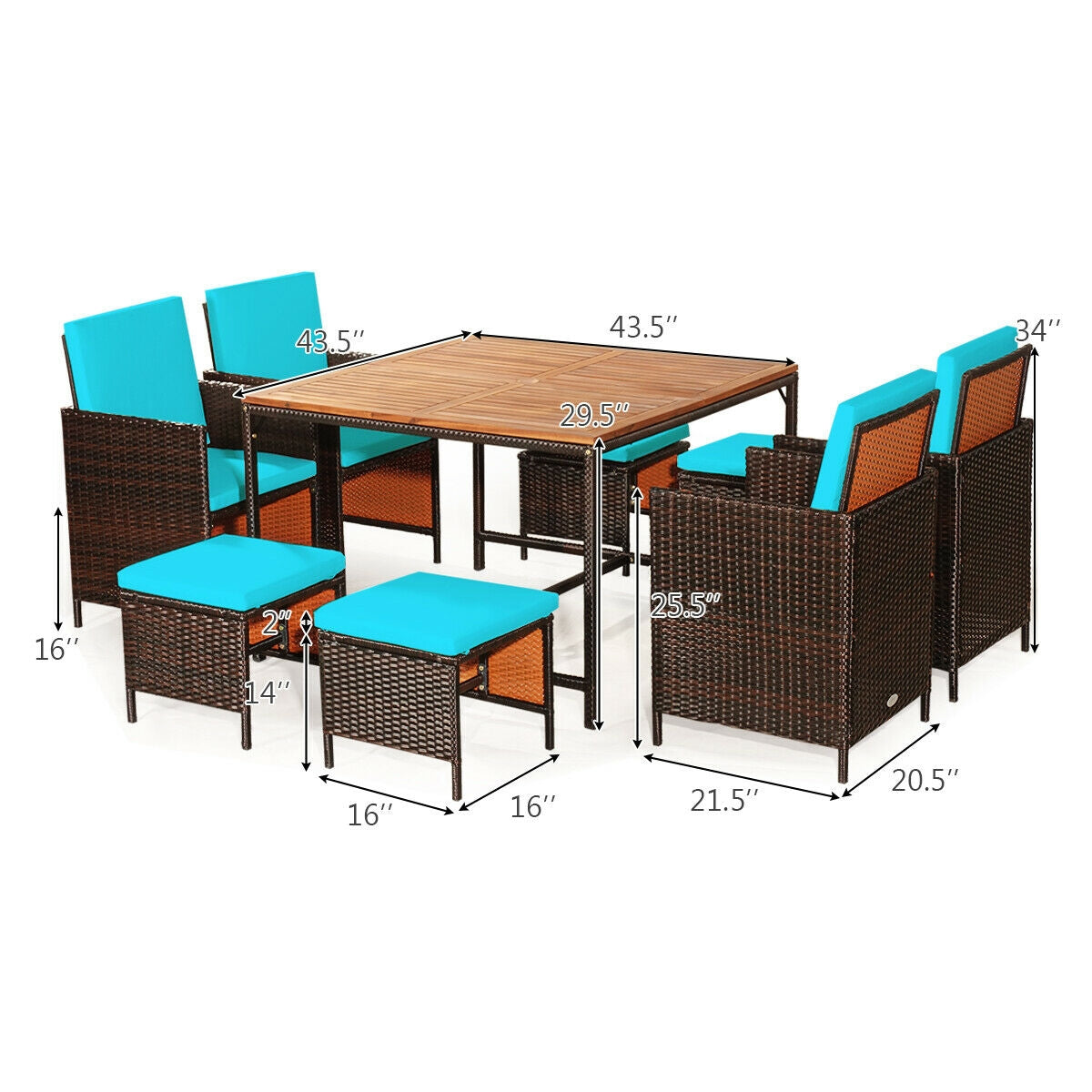 9PCS Patio Rattan Dining Cushioned Chairs Set, Turquoise Patio Dining Sets at Gallery Canada
