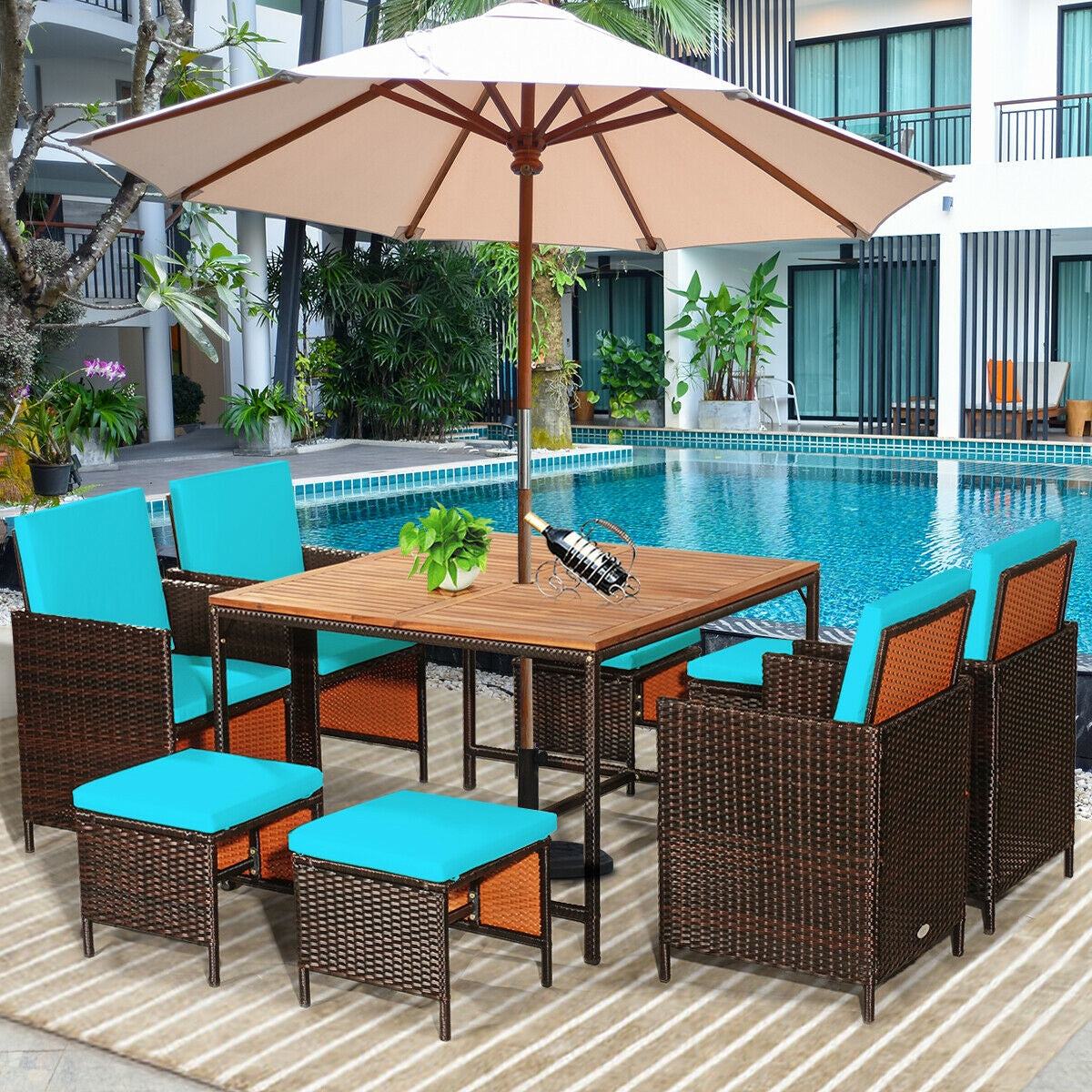 9PCS Patio Rattan Dining Cushioned Chairs Set, Turquoise Patio Dining Sets at Gallery Canada