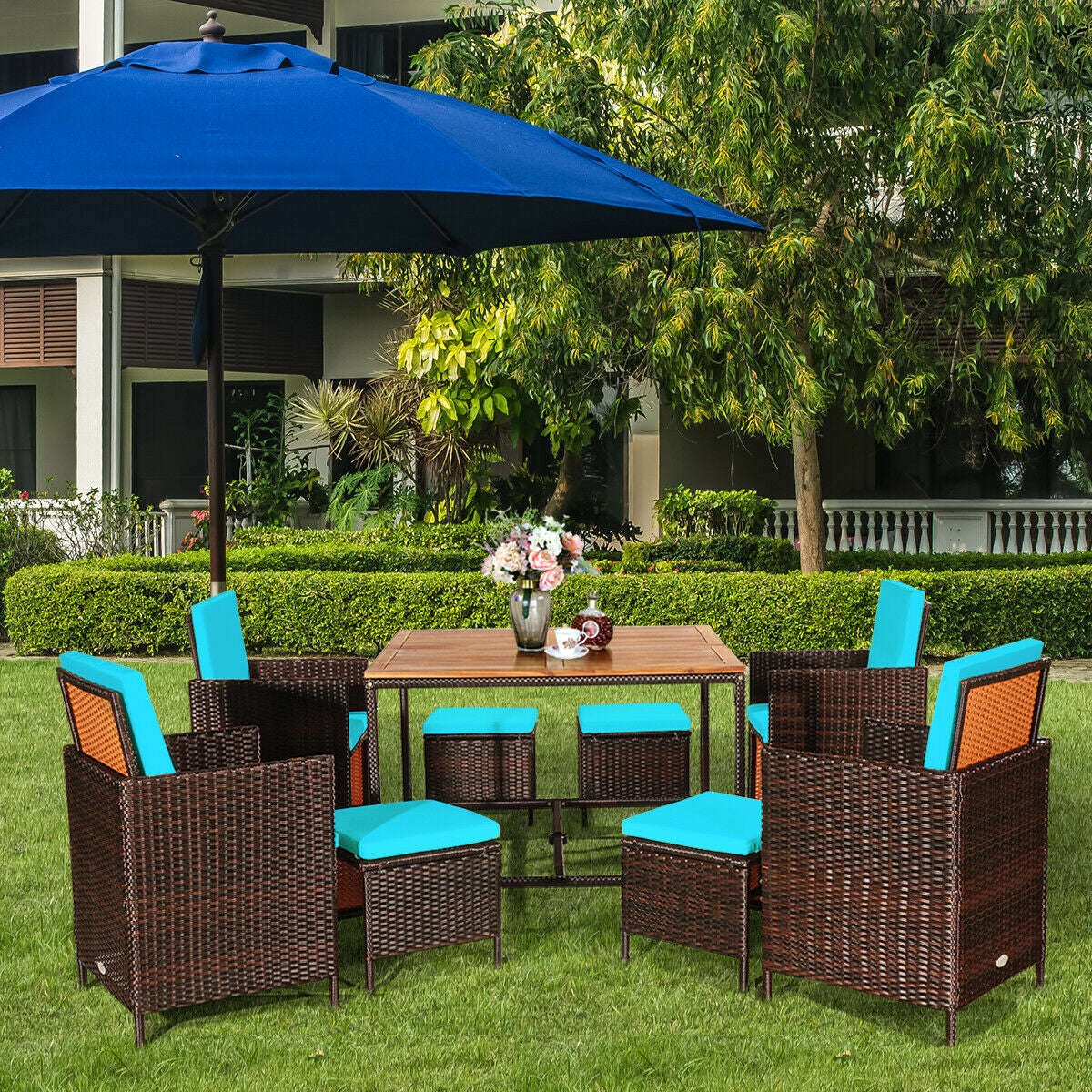 9PCS Patio Rattan Dining Cushioned Chairs Set, Turquoise Patio Dining Sets at Gallery Canada