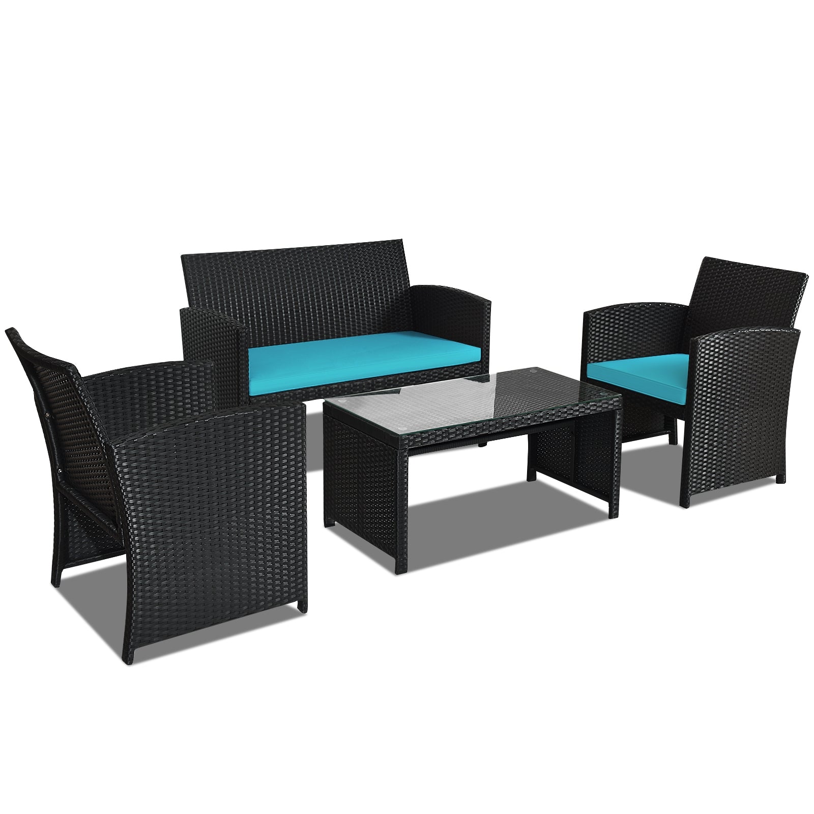 4-Piece Rattan Patio Set, Weather Resistant Cushions, Tempered Glass Tabletop, Turquoise Patio Conversation Sets at Gallery Canada