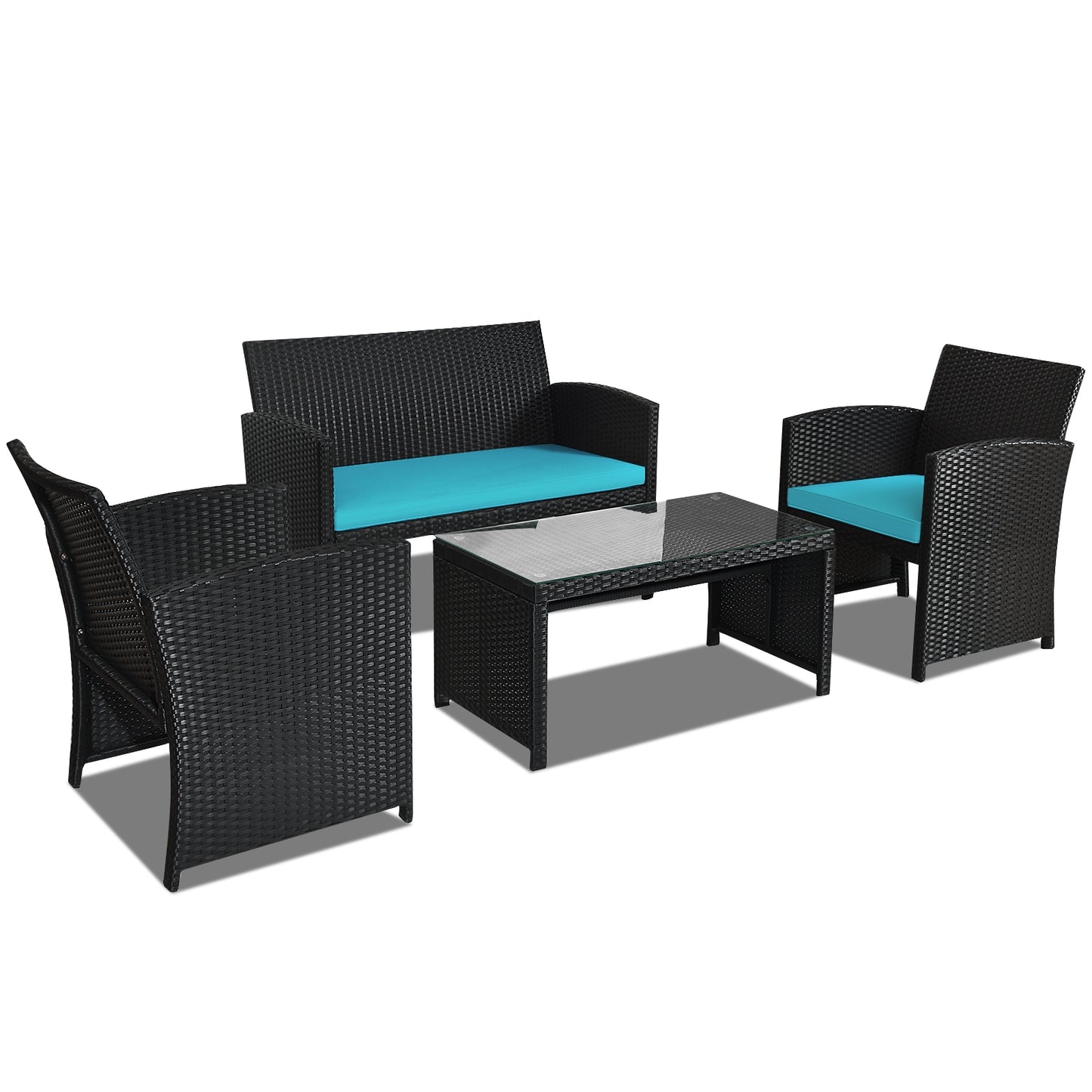 4-Piece Rattan Patio Set, Weather Resistant Cushions, Tempered Glass Tabletop, Turquoise Patio Conversation Sets at Gallery Canada