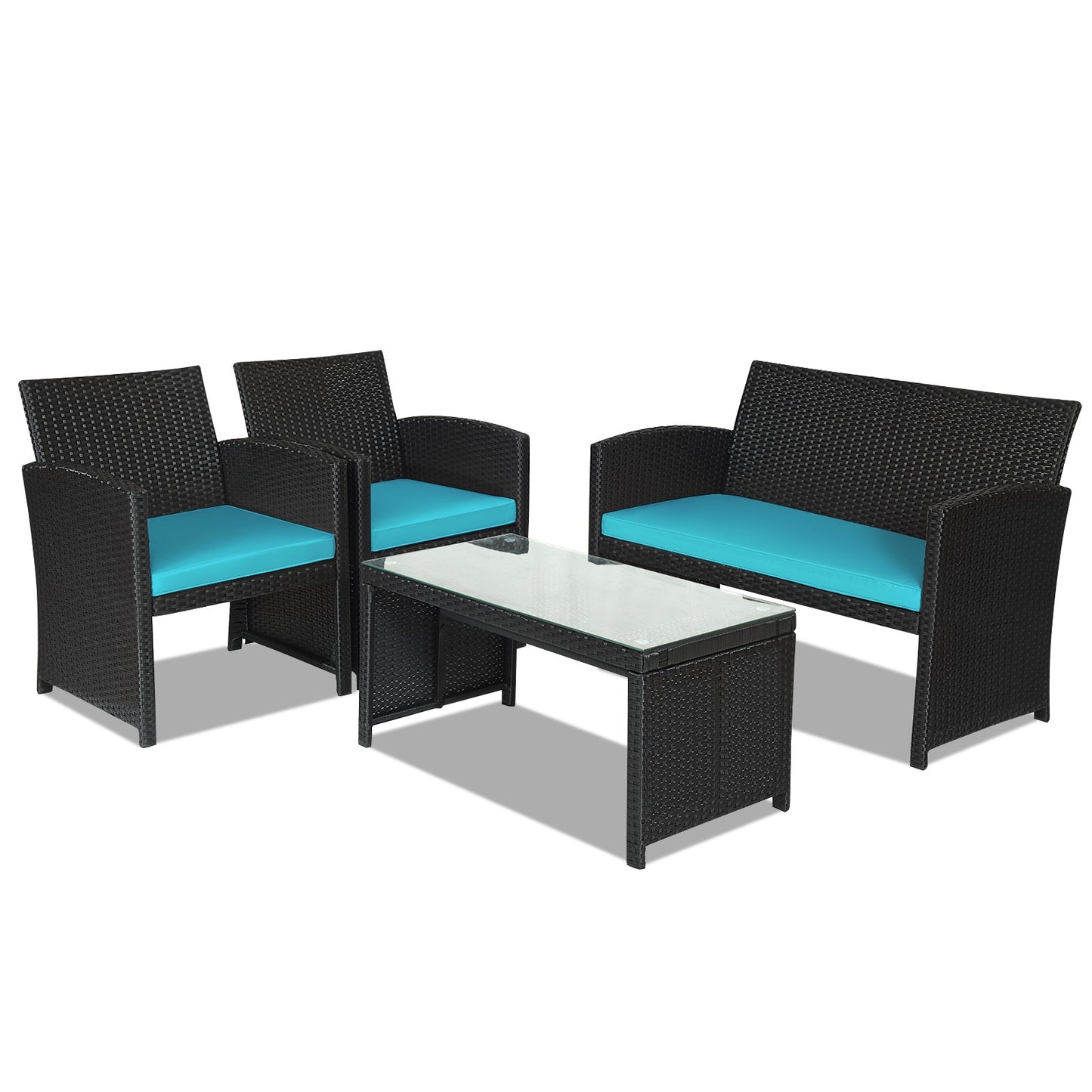 4-Piece Rattan Patio Set, Weather Resistant Cushions, Tempered Glass Tabletop, Turquoise Patio Conversation Sets at Gallery Canada