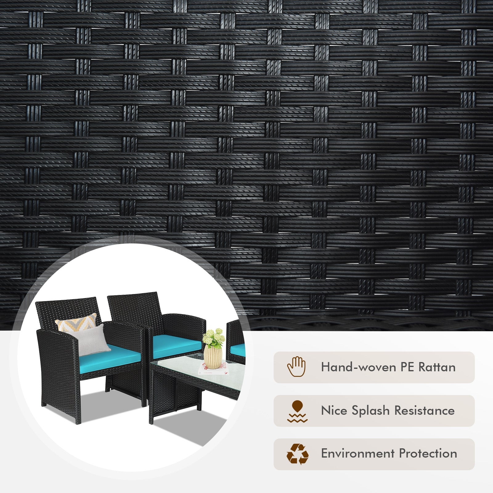 4-Piece Rattan Patio Set, Weather Resistant Cushions, Tempered Glass Tabletop, Turquoise Patio Conversation Sets at Gallery Canada