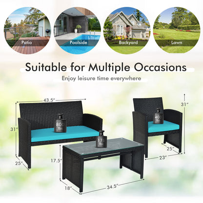 4-Piece Rattan Patio Set, Weather Resistant Cushions, Tempered Glass Tabletop, Turquoise Patio Conversation Sets at Gallery Canada