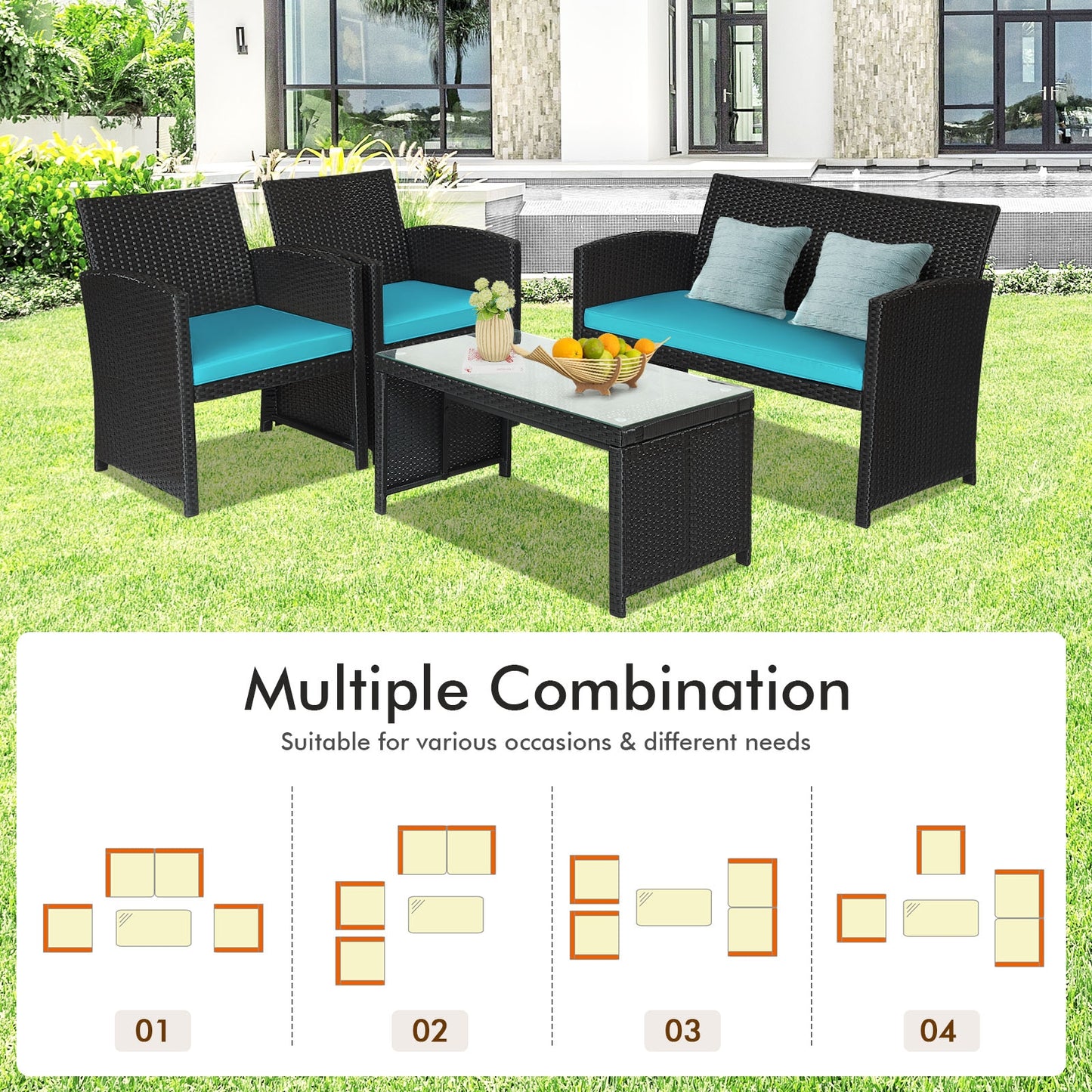 4-Piece Rattan Patio Set, Weather Resistant Cushions, Tempered Glass Tabletop, Turquoise Patio Conversation Sets at Gallery Canada