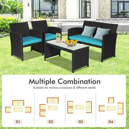 4-Piece Rattan Patio Set, Weather Resistant Cushions, Tempered Glass Tabletop, Turquoise Patio Conversation Sets at Gallery Canada