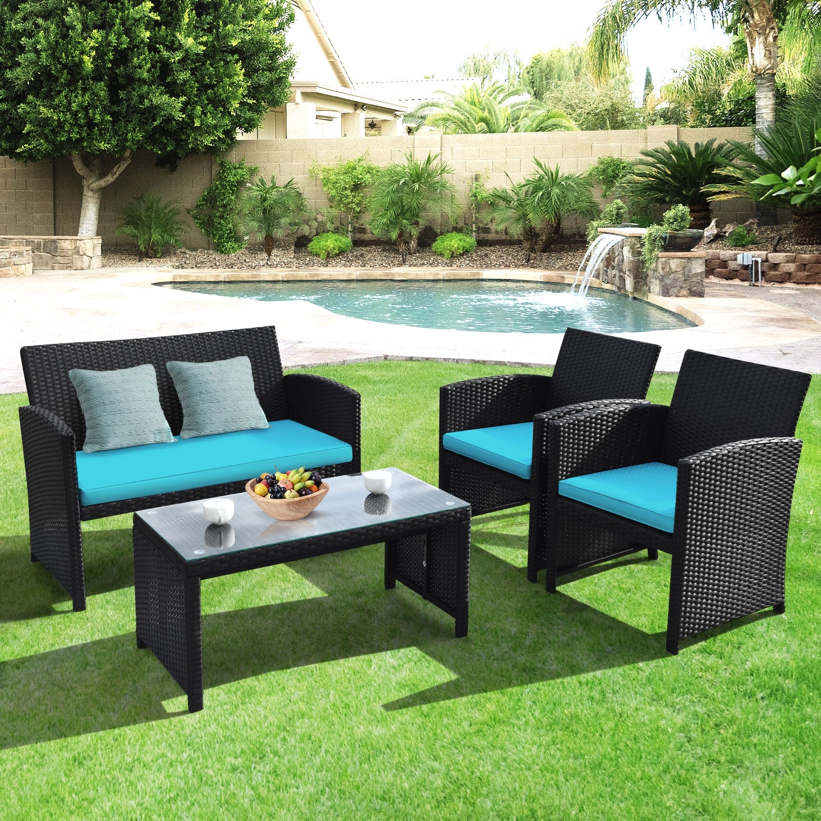 4-Piece Rattan Patio Set, Weather Resistant Cushions, Tempered Glass Tabletop, Turquoise Patio Conversation Sets at Gallery Canada