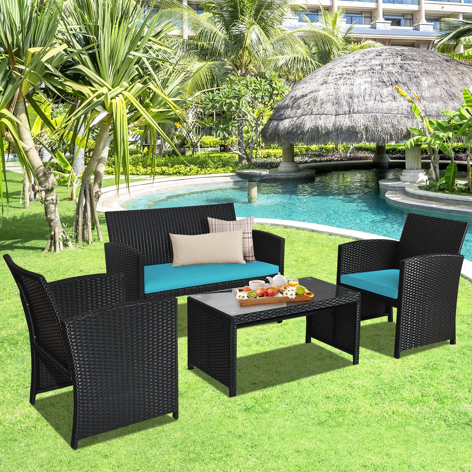 4-Piece Rattan Patio Set, Weather Resistant Cushions, Tempered Glass Tabletop, Turquoise Patio Conversation Sets at Gallery Canada