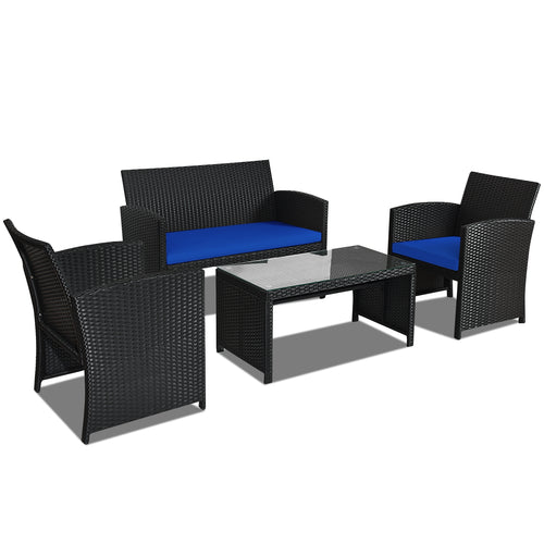 4 Piece Rattan Patio Furniture Set, Weather Resistant Cushions, Navy