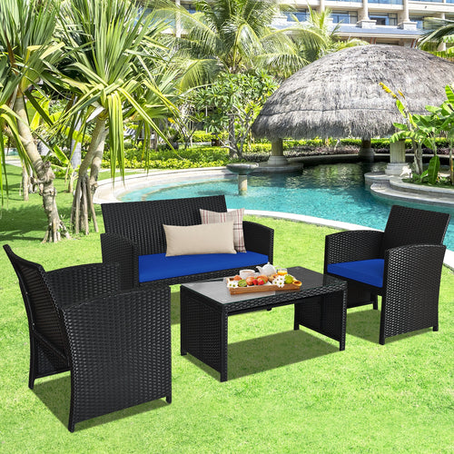4 Piece Rattan Patio Furniture Set, Weather Resistant Cushions, Navy