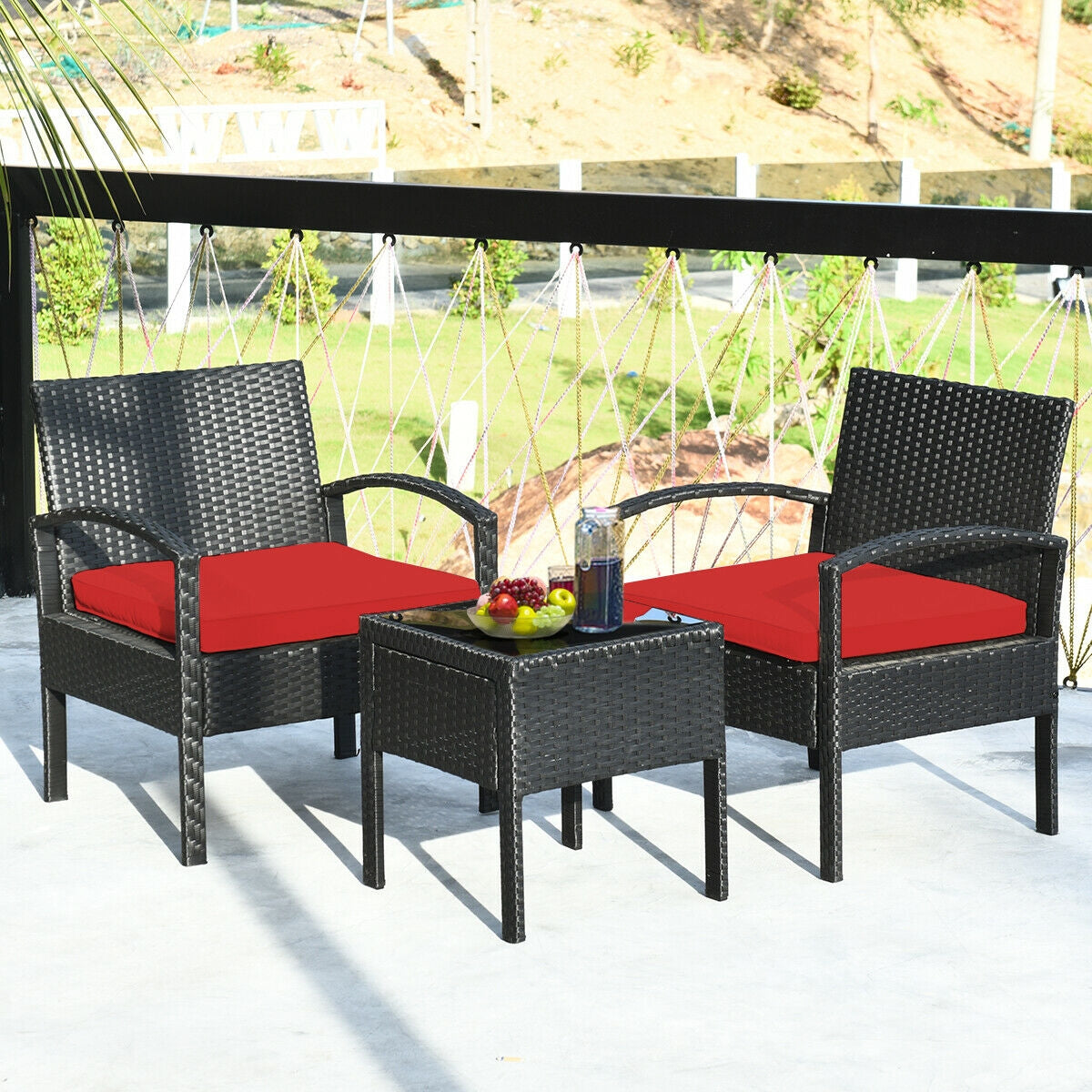 3 Piece Outdoor Rattan Patio Conversation Set, Red Patio Conversation Sets at Gallery Canada