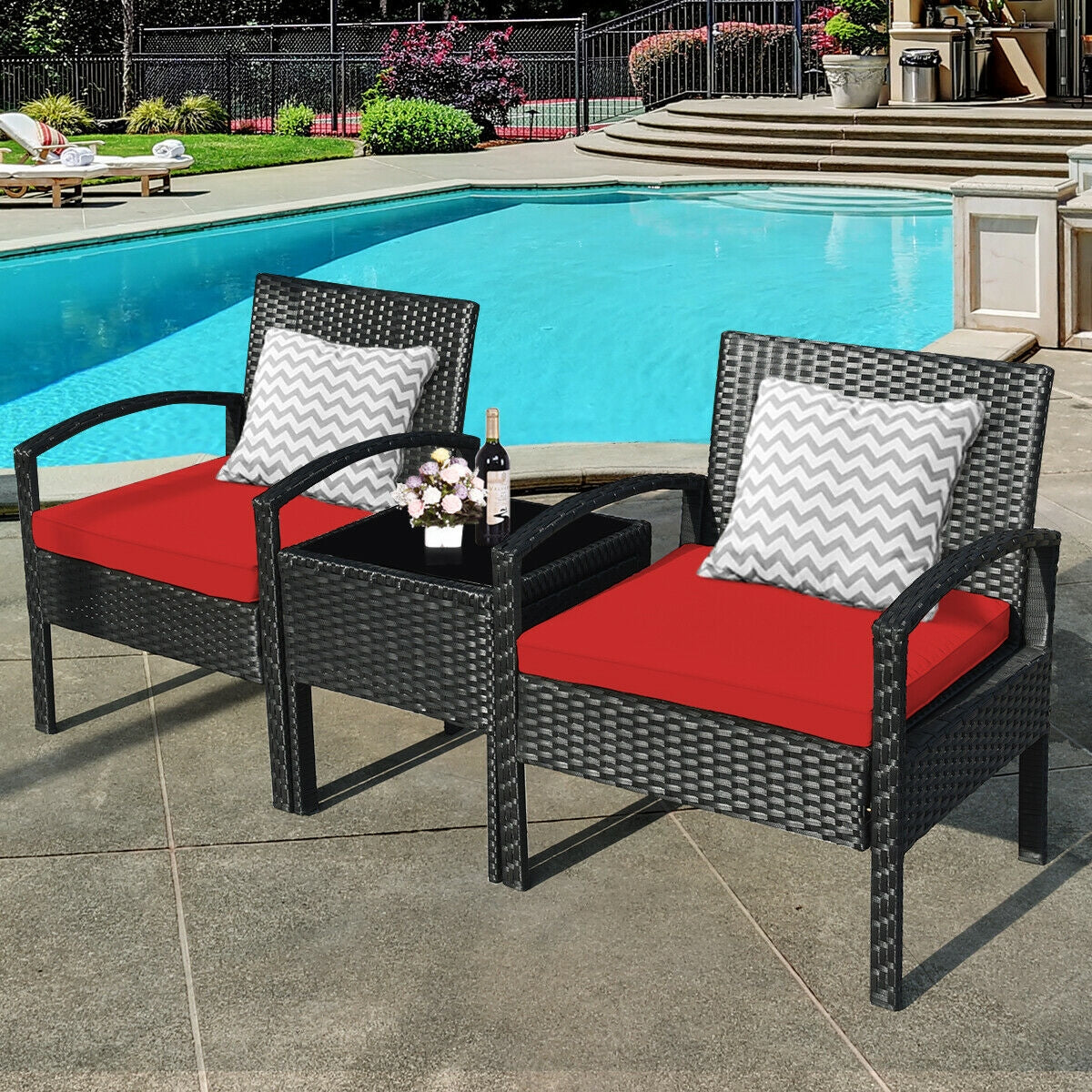 3 Piece Outdoor Rattan Patio Conversation Set, Red Patio Conversation Sets at Gallery Canada