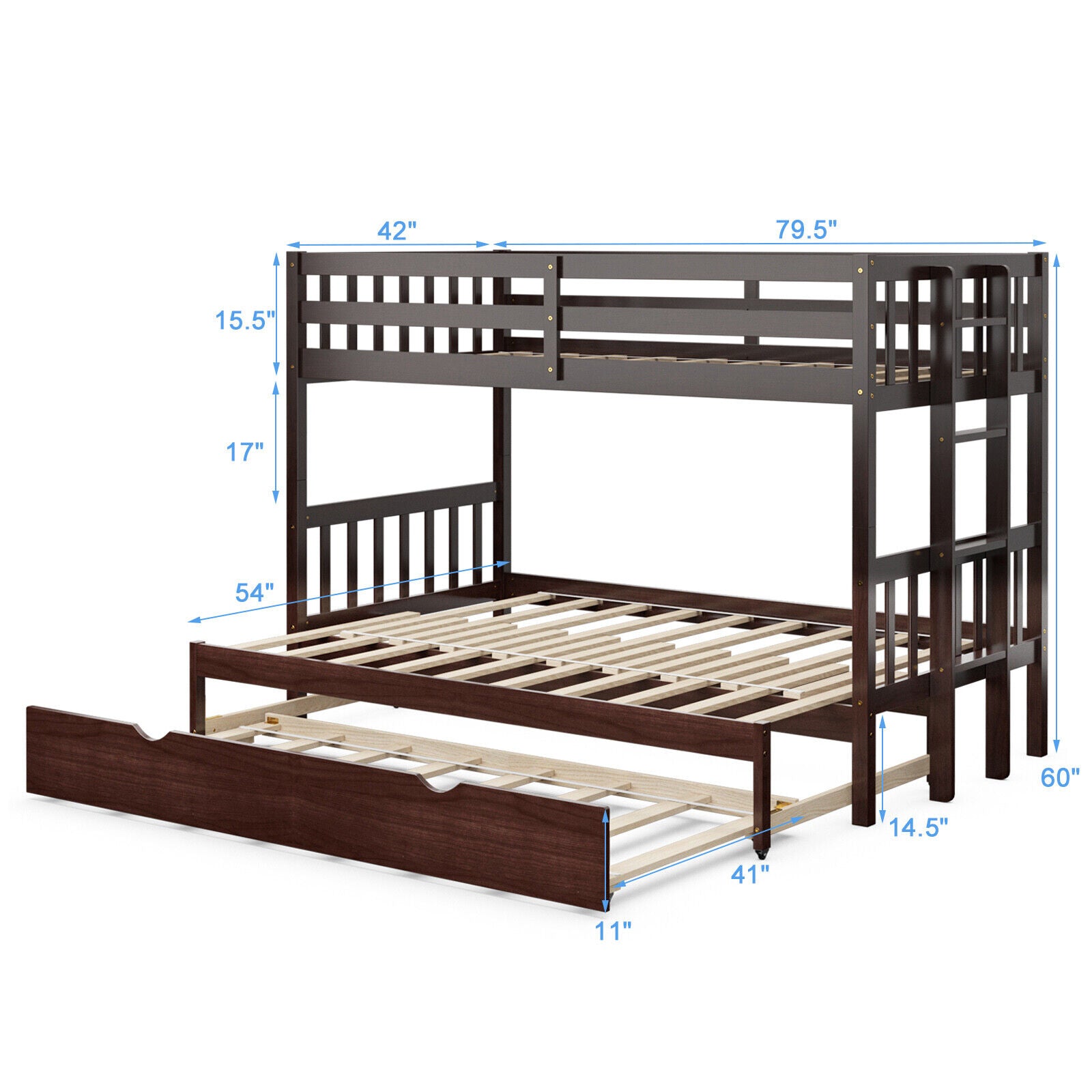 Twin Pull-Out Bunk Bed With Trundle, Wooden Ladder, Dark Brown Bunk Bed Frame at Gallery Canada