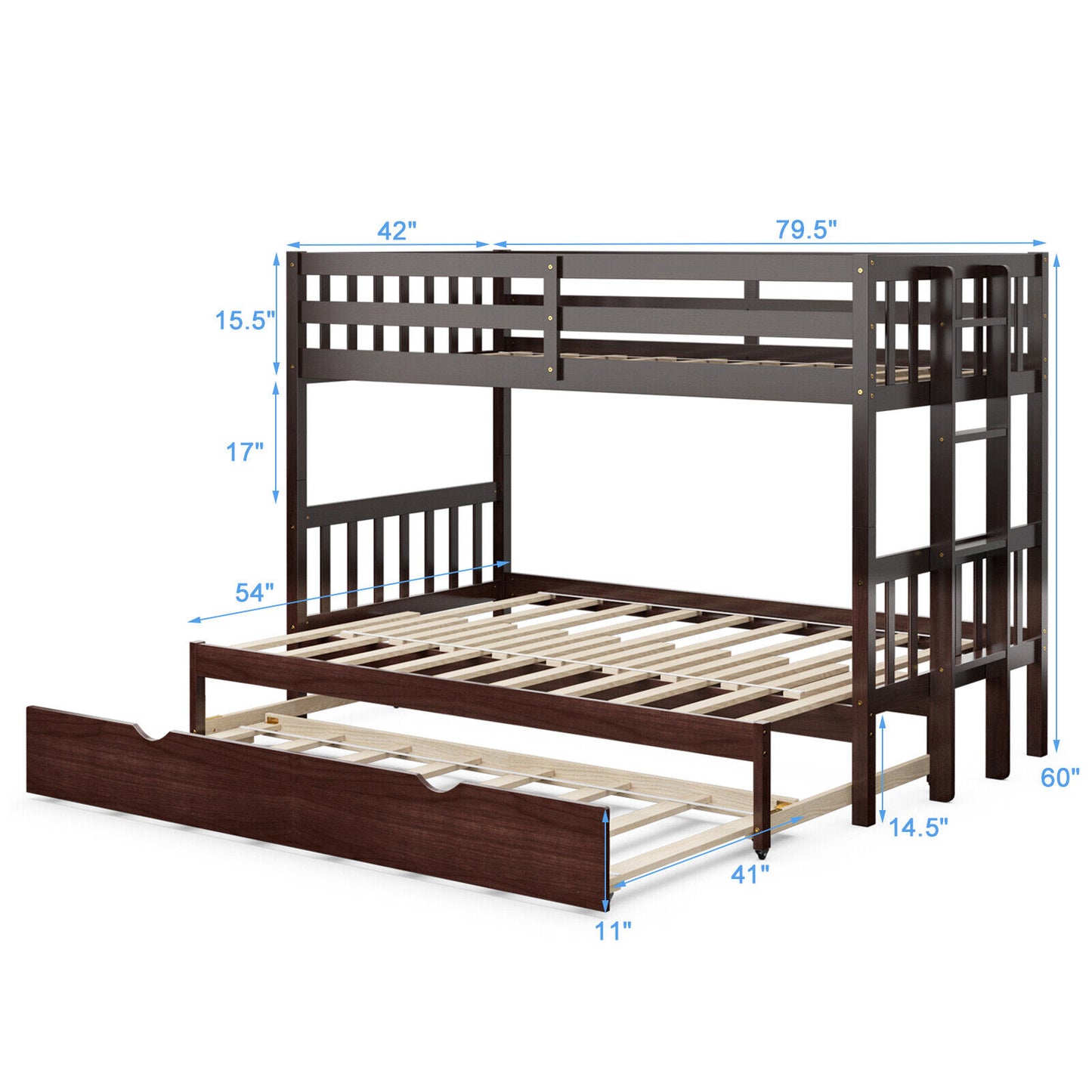 Twin Pull-Out Bunk Bed With Trundle, Wooden Ladder, Dark Brown Bunk Bed Frame at Gallery Canada